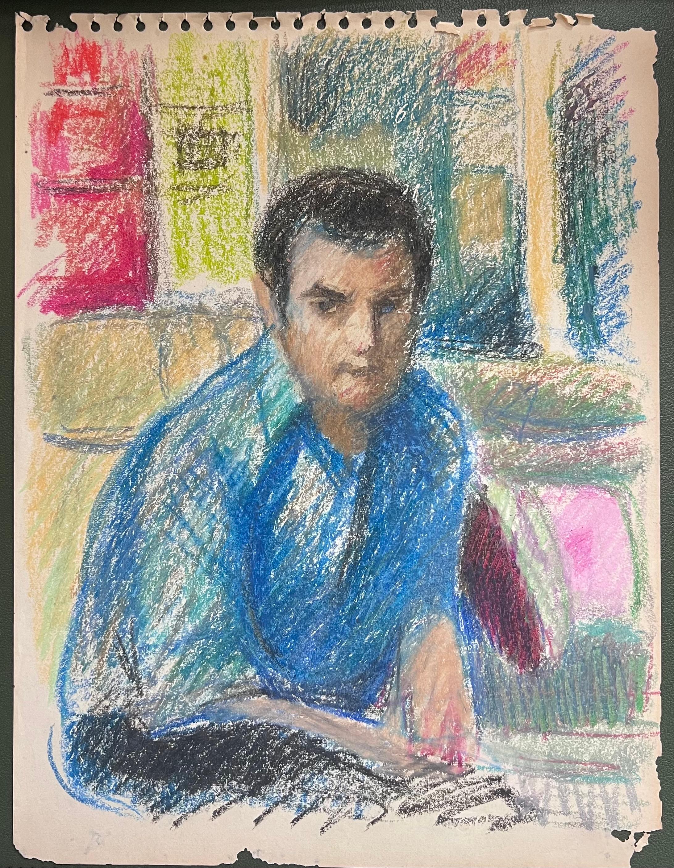 Retrato expresionista francés del siglo XX de hombre con camisa azul pastel brillante - Painting de Akos Biro