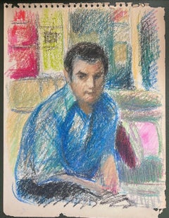 20th Century French Expressionist Portrait of Man in Bright Blue Pastel Shirt