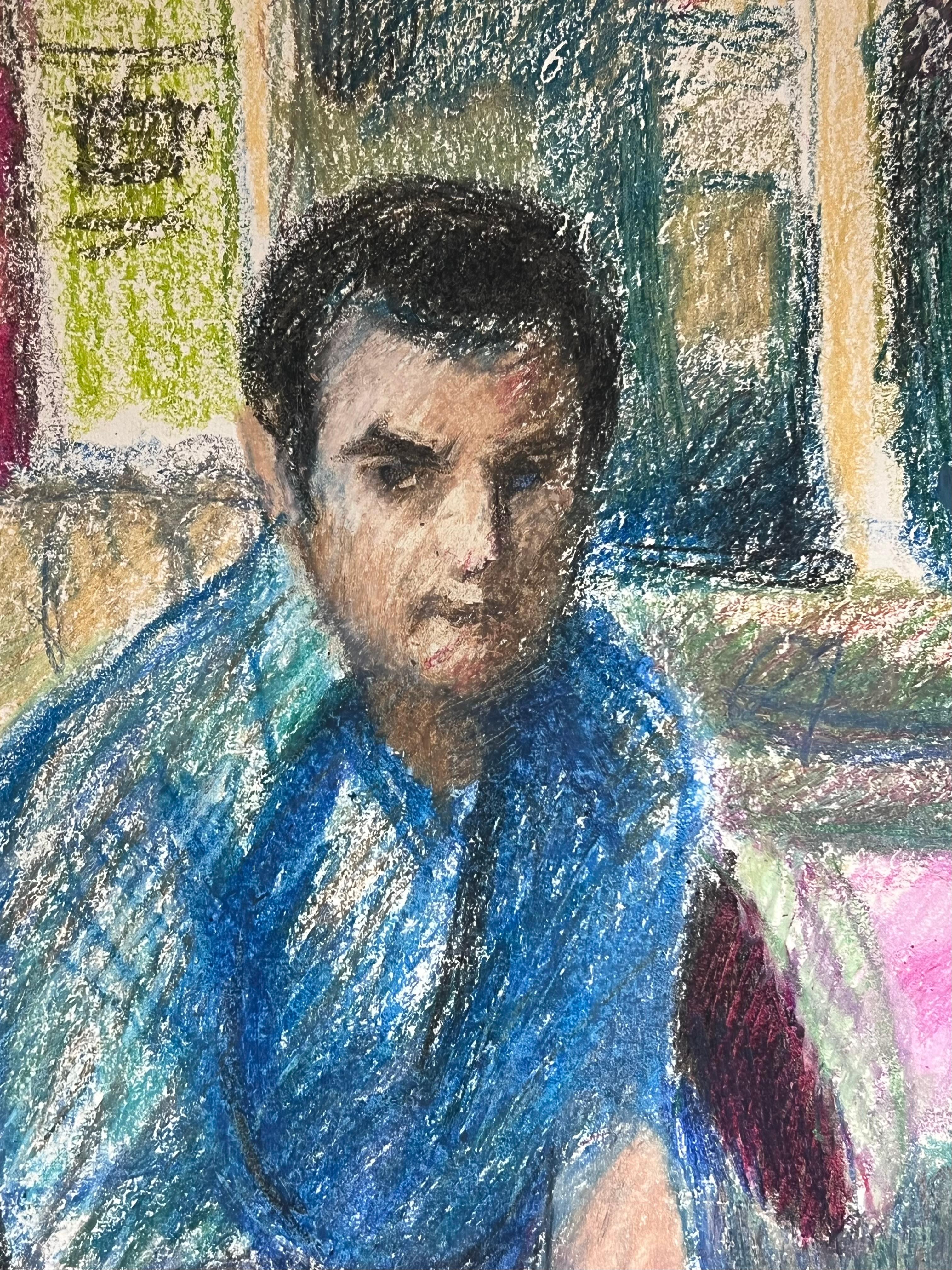 Retrato expresionista francés del siglo XX de hombre con camisa azul pastel brillante en venta 1