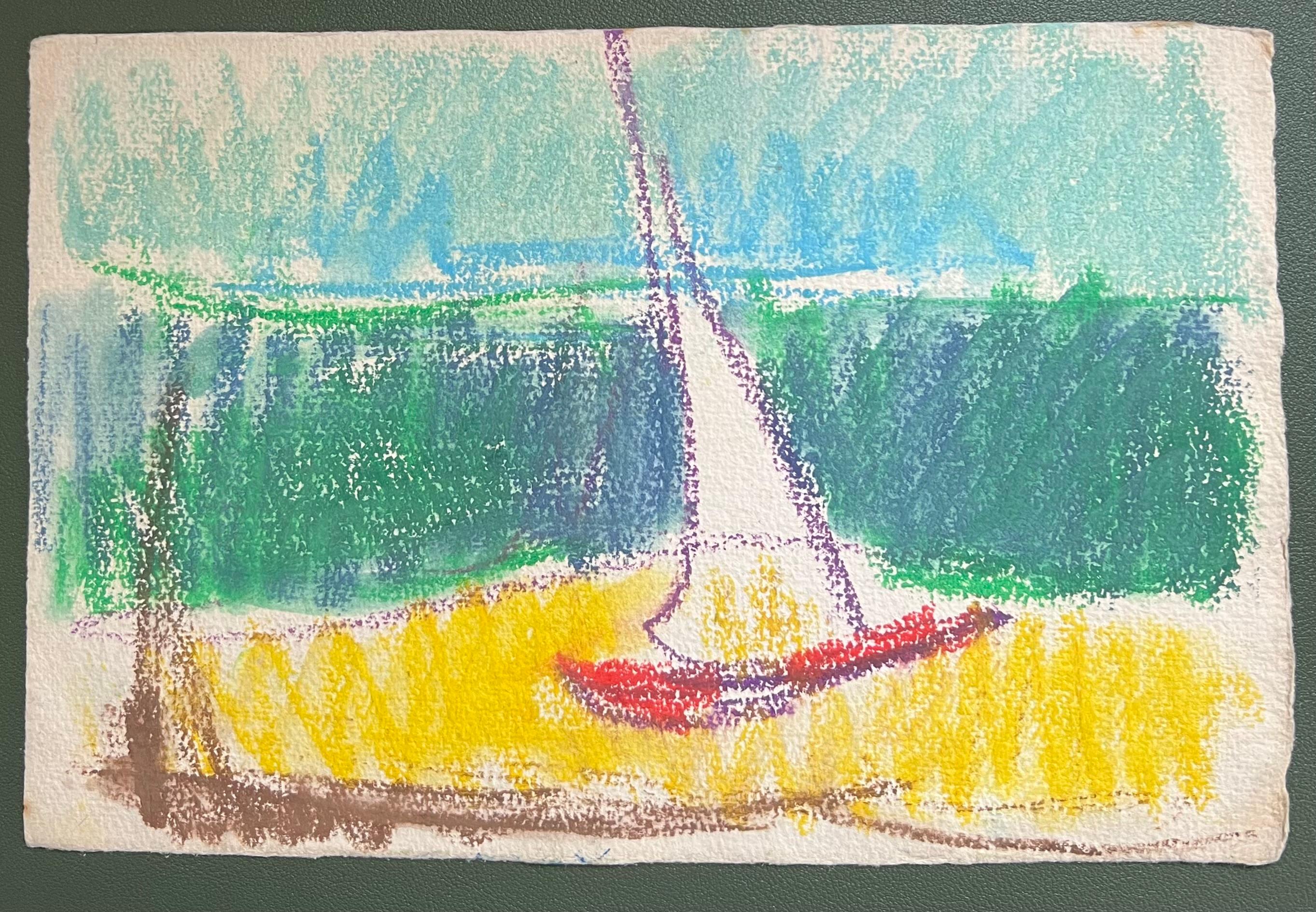 Barca a vela espressionista francese del XX secolo con colori pastello a riva - Painting di Akos Biro