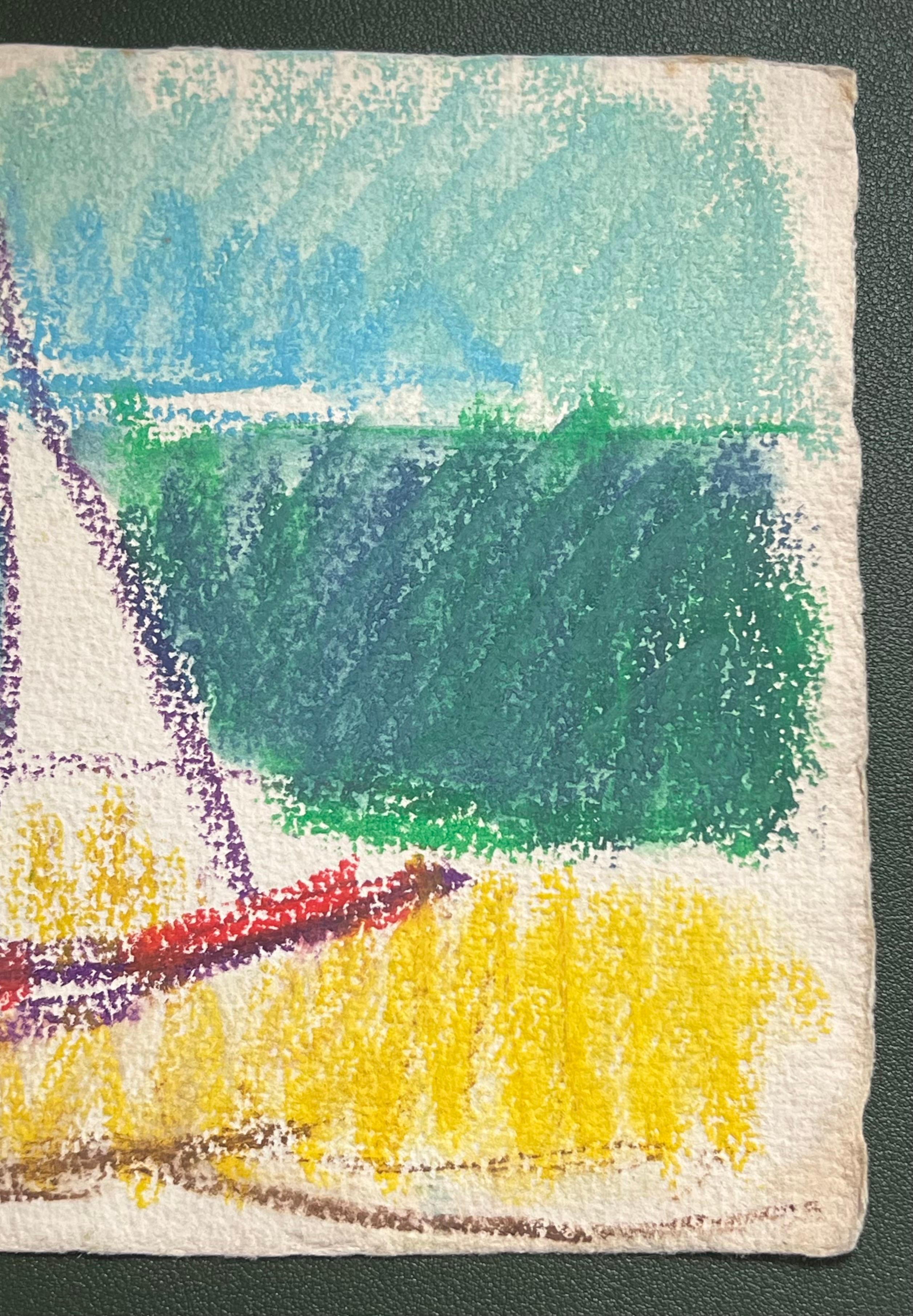 Barca a vela espressionista francese del XX secolo con colori pastello a riva - Painting Astratto di Akos Biro