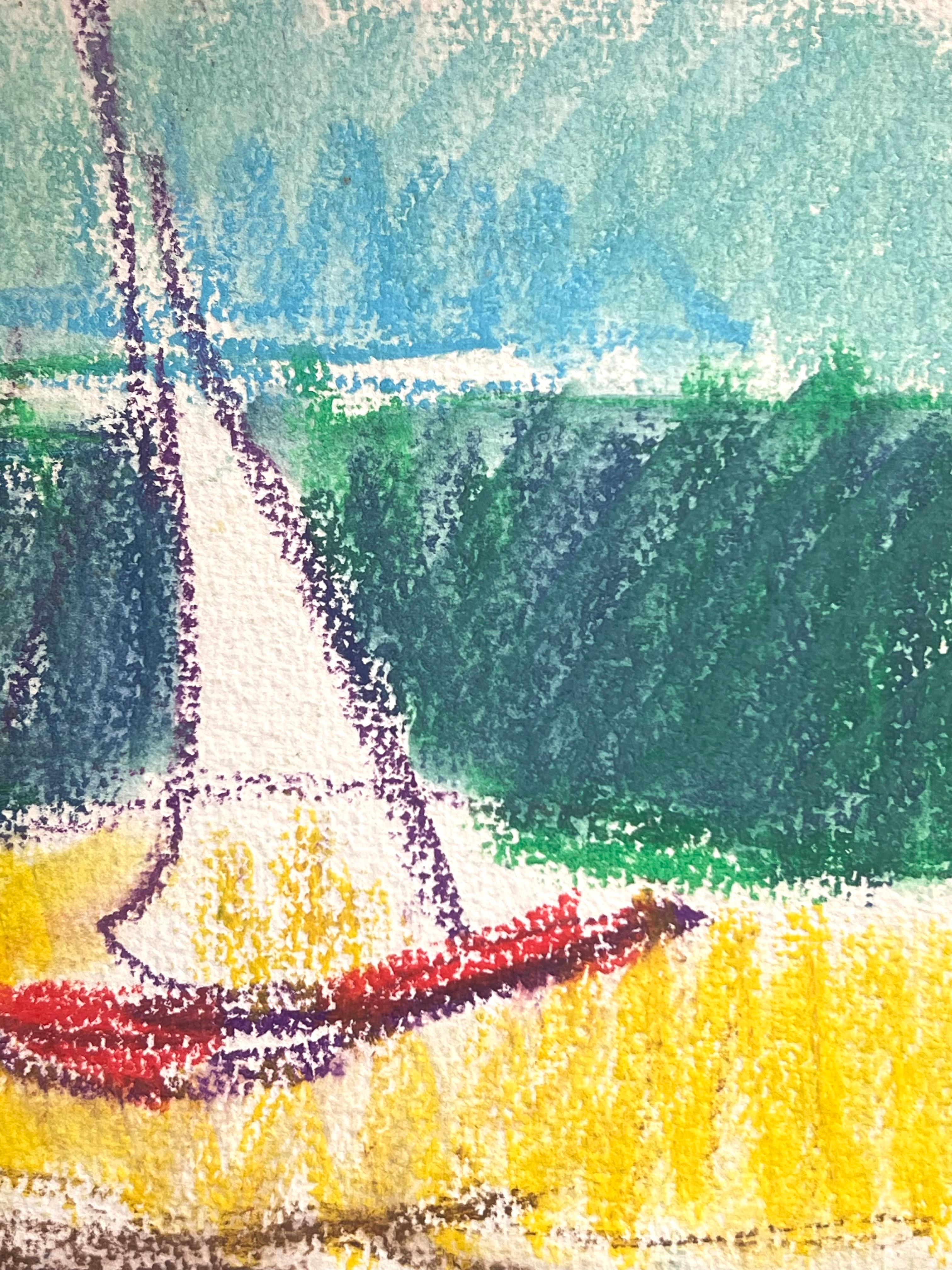Barca a vela in baia
di Akos Biro (Ungherese 1911-2002)
disegno a pastello su carta d'artista, senza cornice
dipinto: 6,5 x 9,75 pollici           
provenienza: proprietà dell'artista, Francia
condizione: buone condizioni 

Superbo dipinto originale