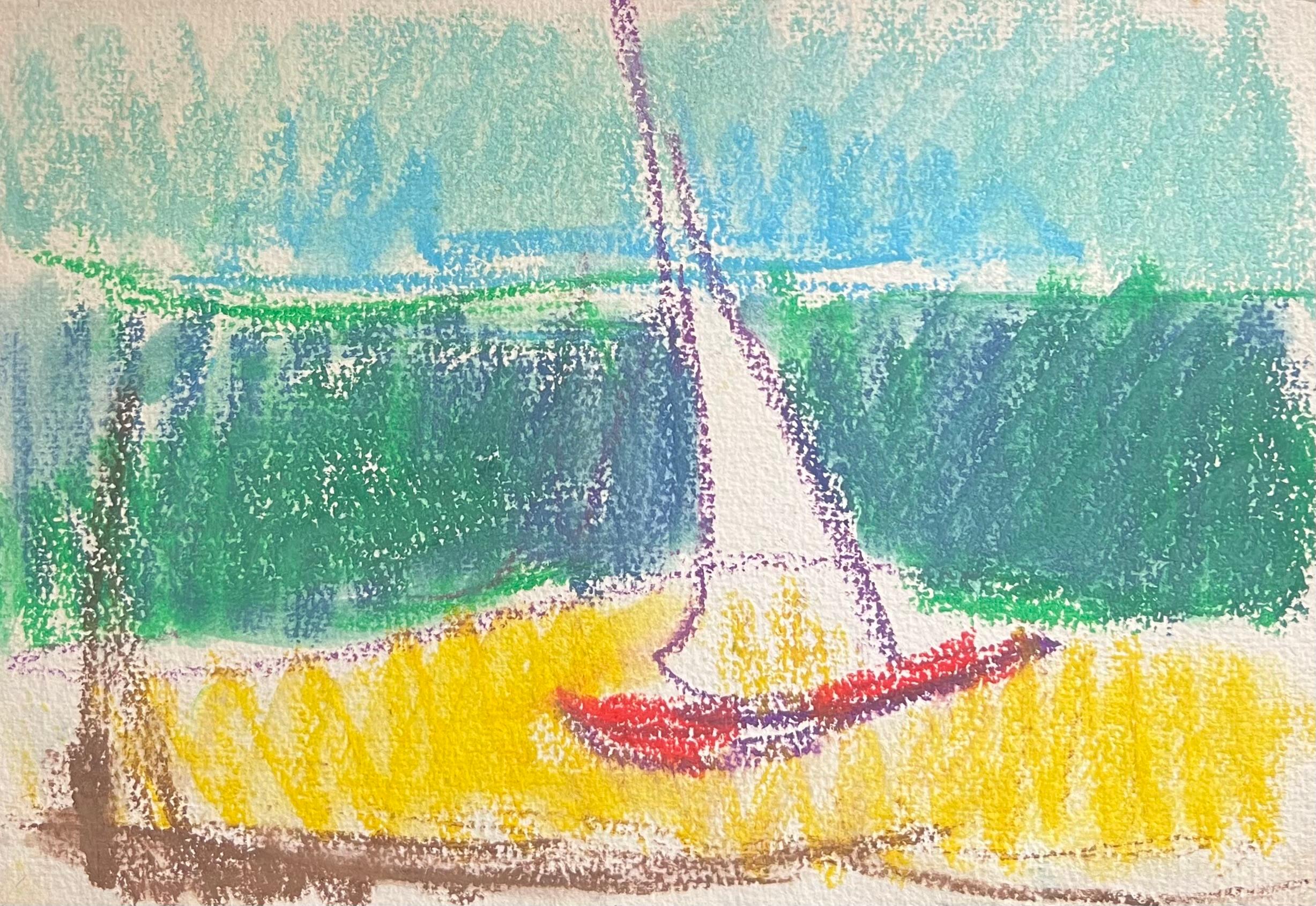 Landscape Painting di Akos Biro - Barca a vela espressionista francese del XX secolo con colori pastello a riva