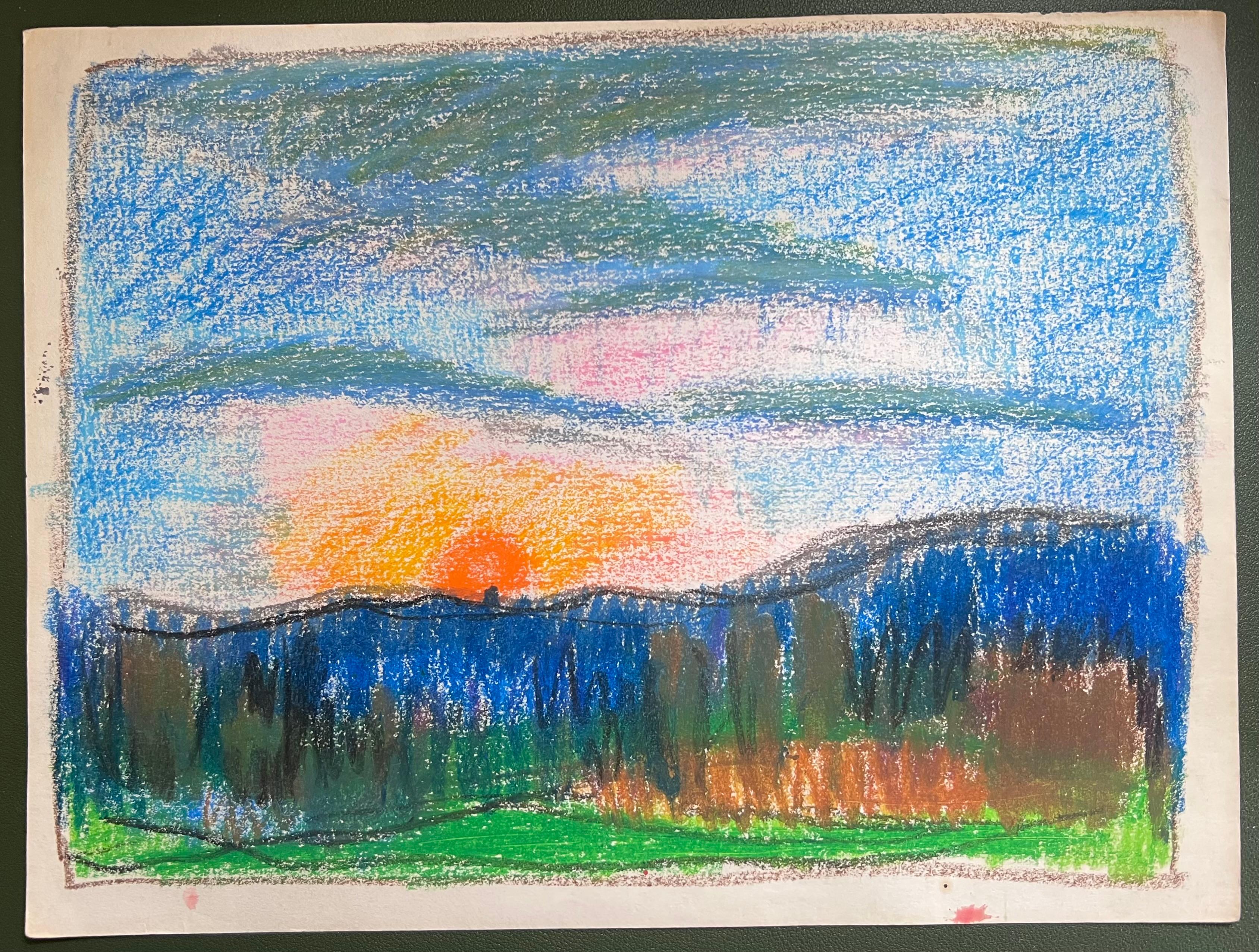 Alba espressionista francese del XX secolo che scruta il cielo sopra i prati - Painting di Akos Biro