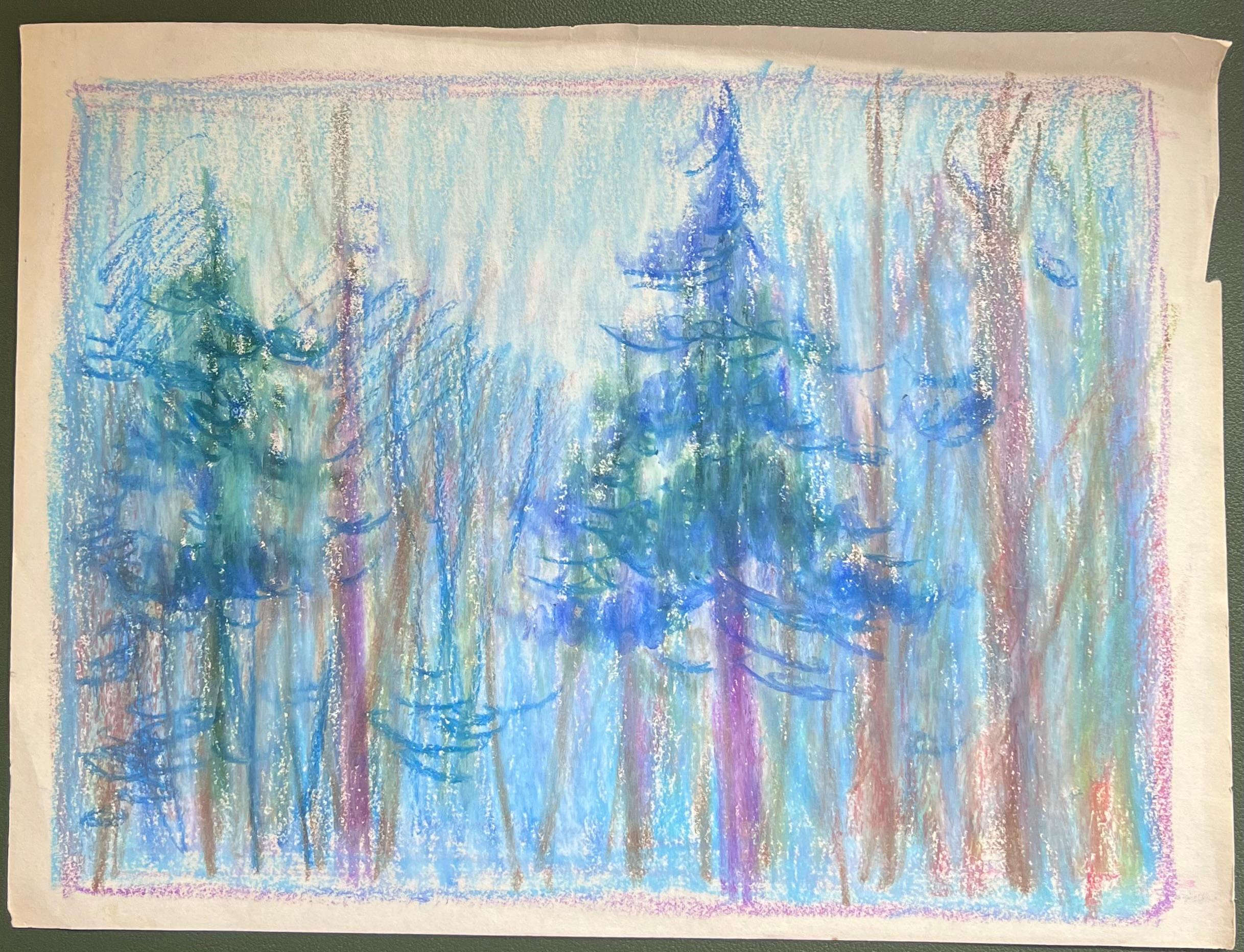 Französischer expressionistischer hoher Kiefernholz Tress des 20. Jahrhunderts in Mondlichtblauem Wald – Painting von Akos Biro