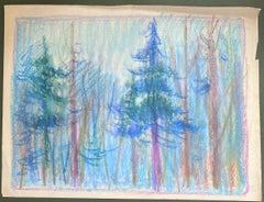 20th Century French Expressionist Tall Pine Tress in Moonlight Blue Forest