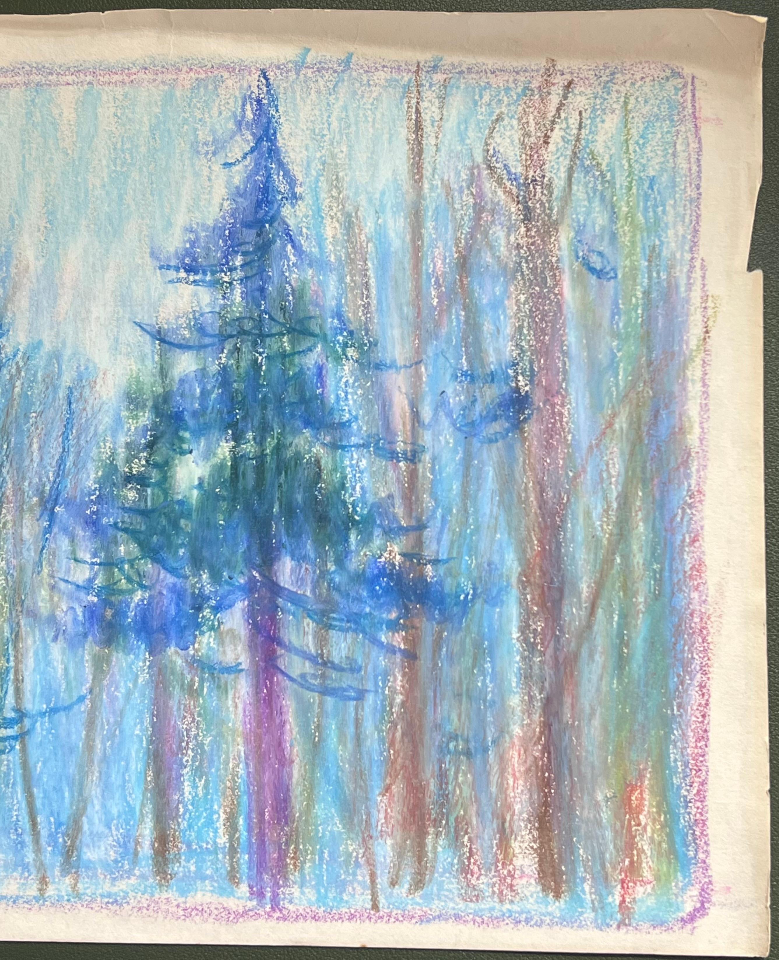 Französischer expressionistischer hoher Kiefernholz Tress des 20. Jahrhunderts in Mondlichtblauem Wald (Abstrakt), Painting, von Akos Biro