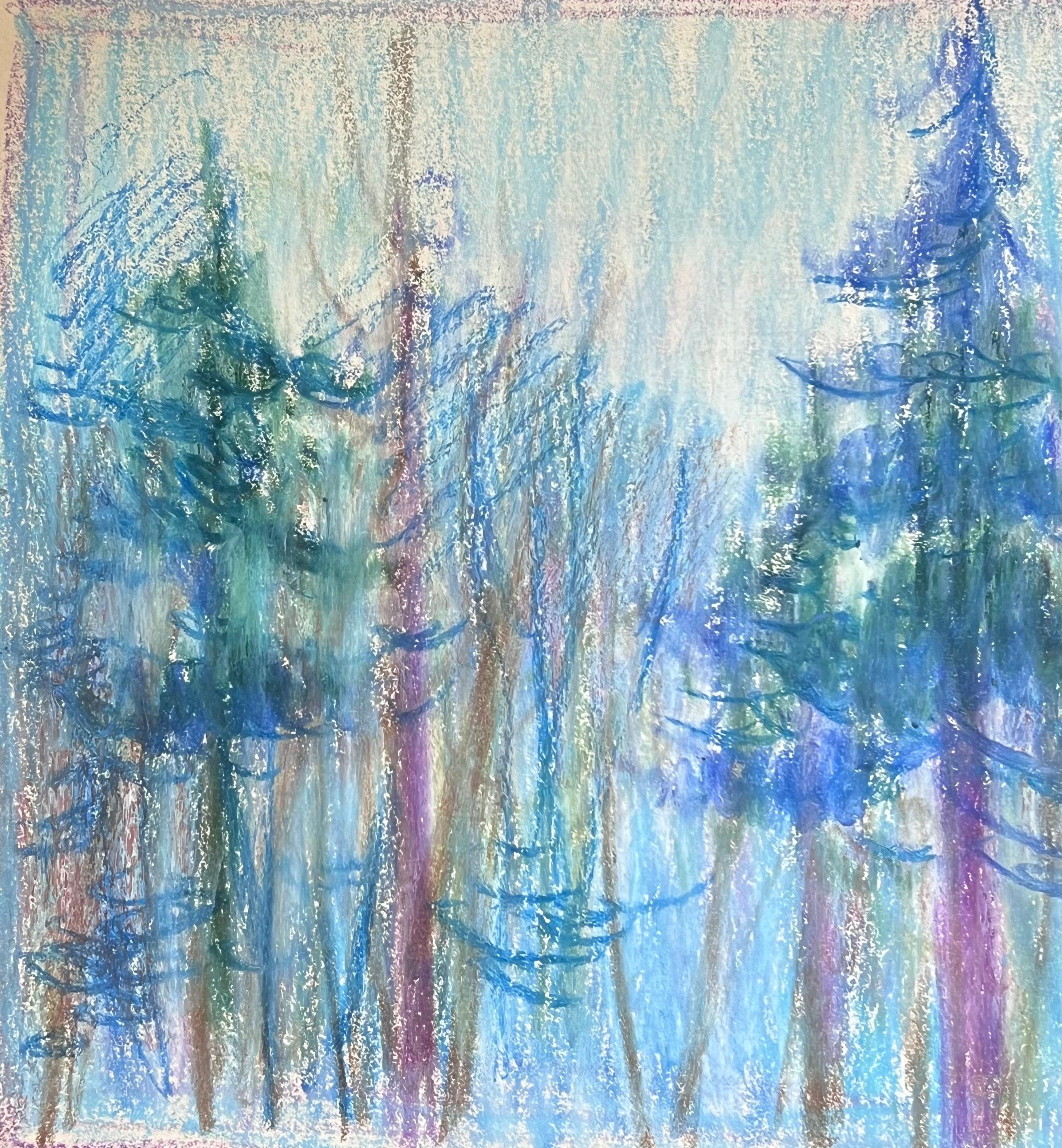 Französischer expressionistischer hoher Kiefernholz Tress des 20. Jahrhunderts in Mondlichtblauem Wald (Blau), Landscape Painting, von Akos Biro