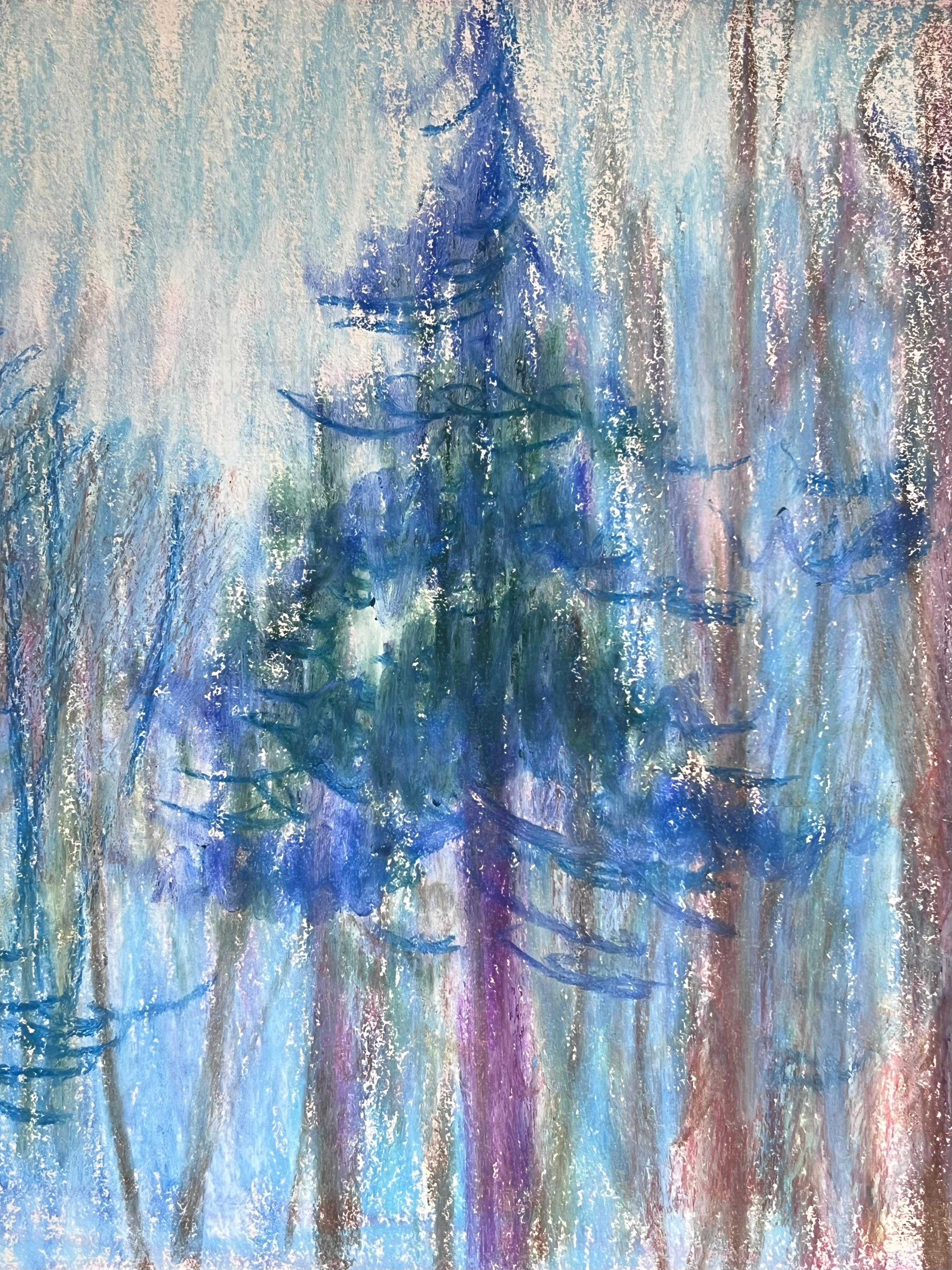 Französischer expressionistischer hoher Kiefernholz Tress des 20. Jahrhunderts in Mondlichtblauem Wald im Angebot 1