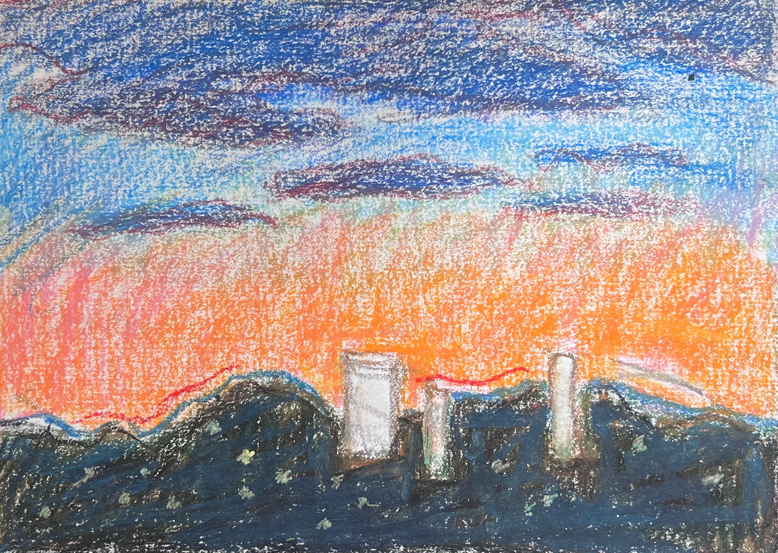 Landscape Painting de Akos Biro - Siglo XX Expresionista Francés Altos Edificios Eléctricos En Paisaje De Cielo Naranja