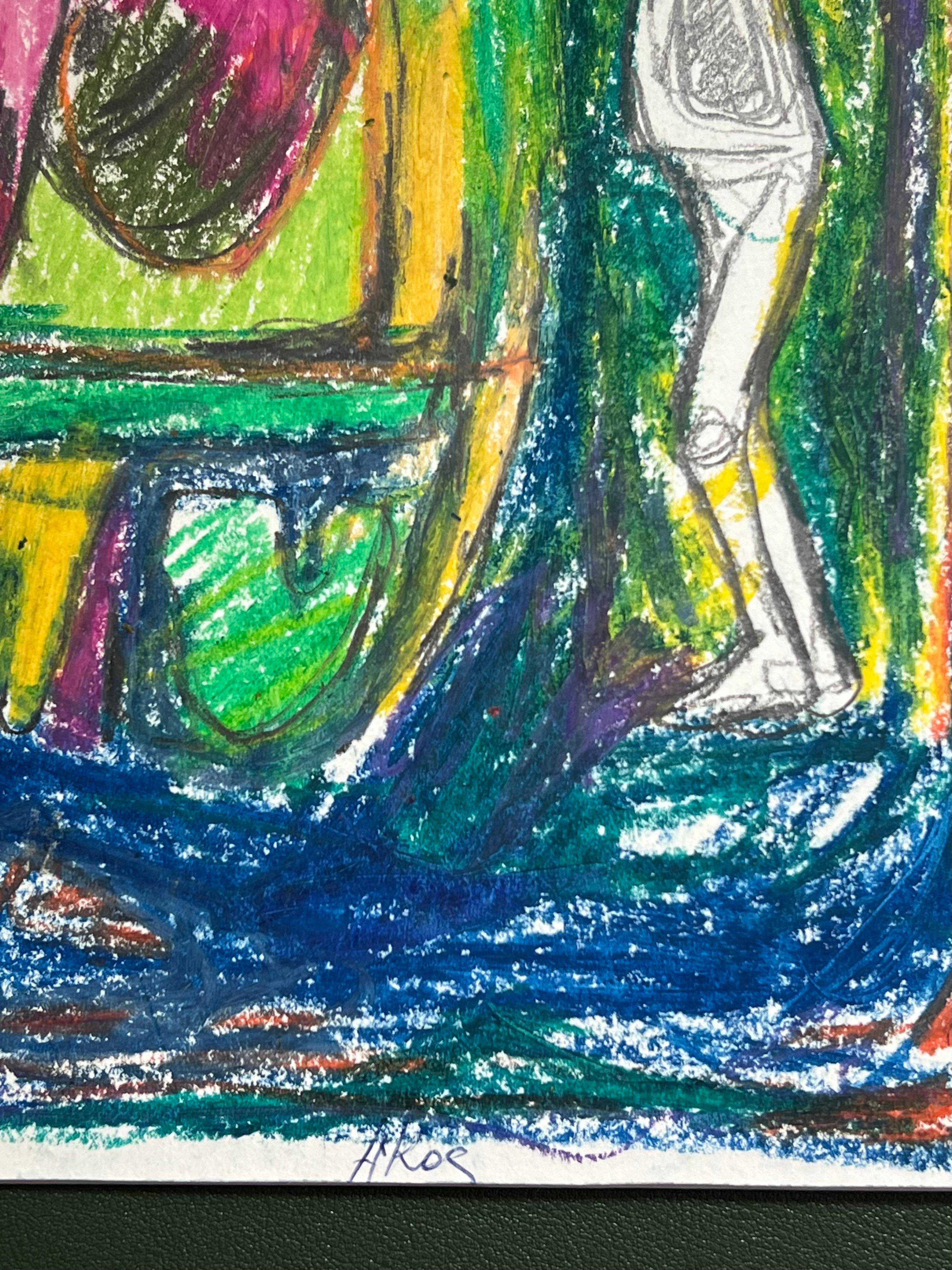 Espressionista francese del XX secolo Figure stravaganti in blu e verde Astratto - Painting di Akos Biro