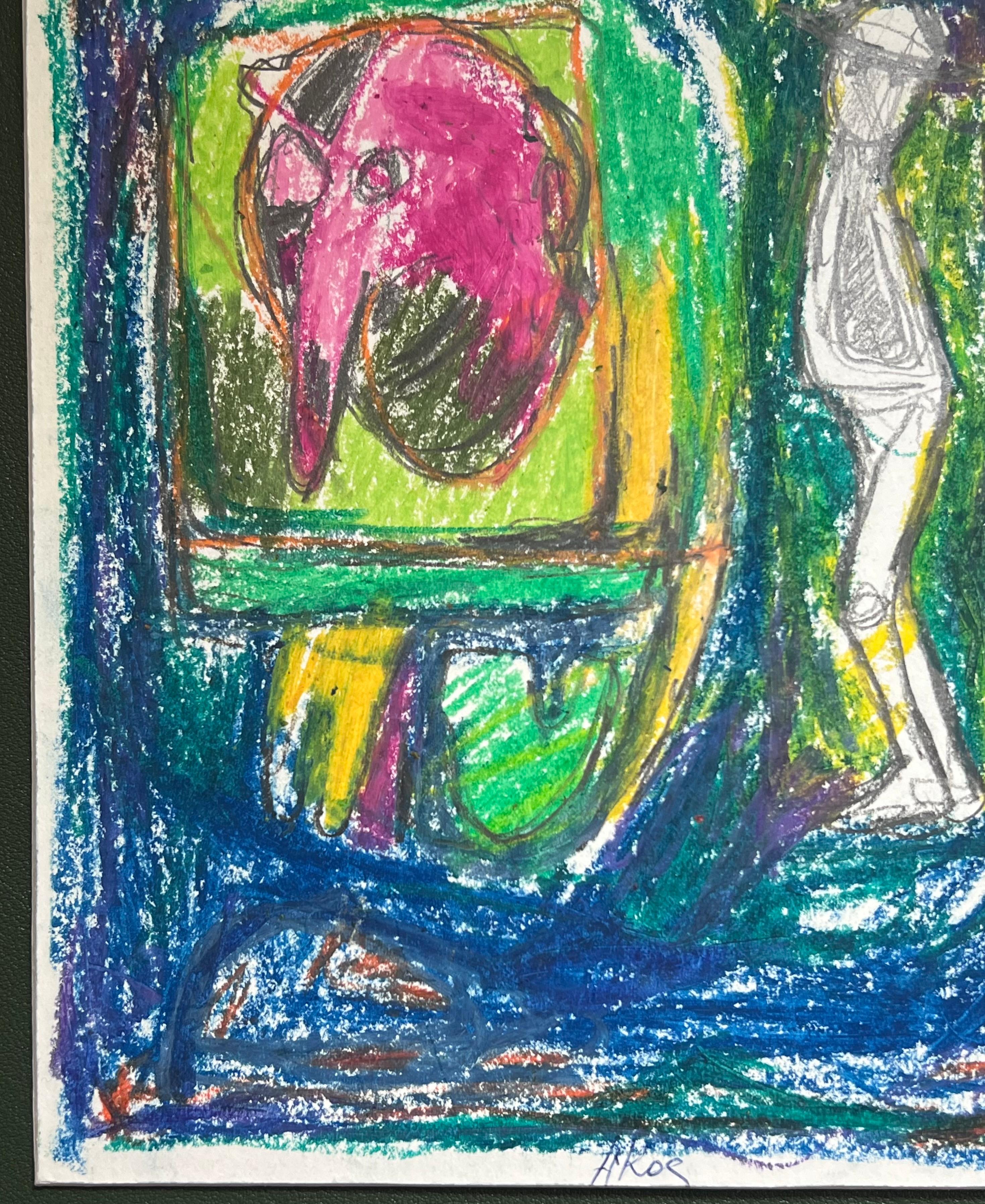 Espressionista francese del XX secolo Figure stravaganti in blu e verde Astratto - Abstract Painting Blu di Akos Biro