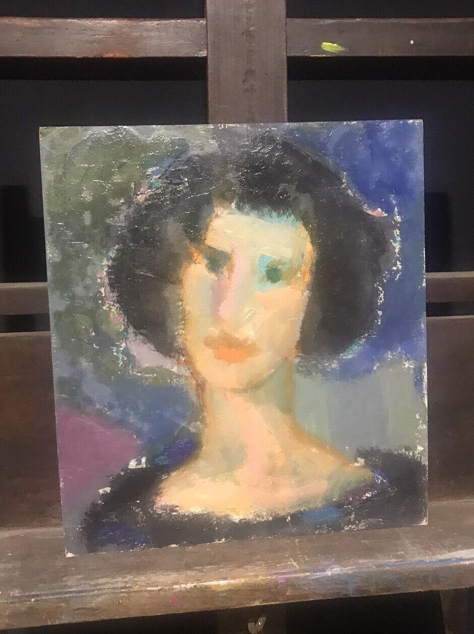 Akos Biro French Expressionist Oil, Portrait of Woman For Sale 2