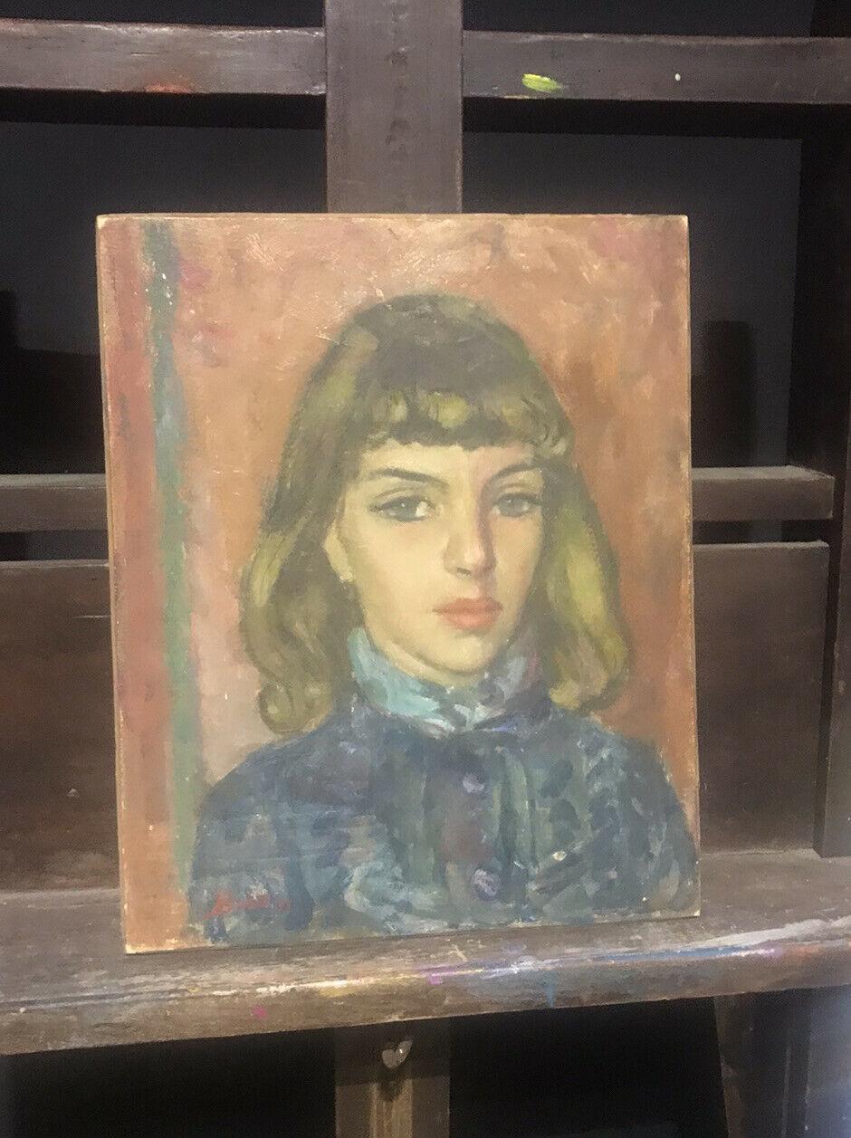 Akos Biro Französischer Expressionist Öl - Portrait Junge Dame im Angebot 2