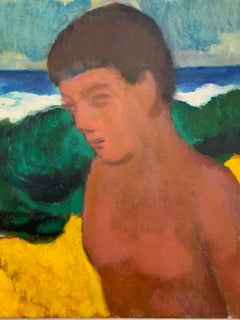 AKOS BIRO (HUNGARIAN 1911-2002) EXPRESSIONIST OIL - MALE PORTRAIT AT BEACH