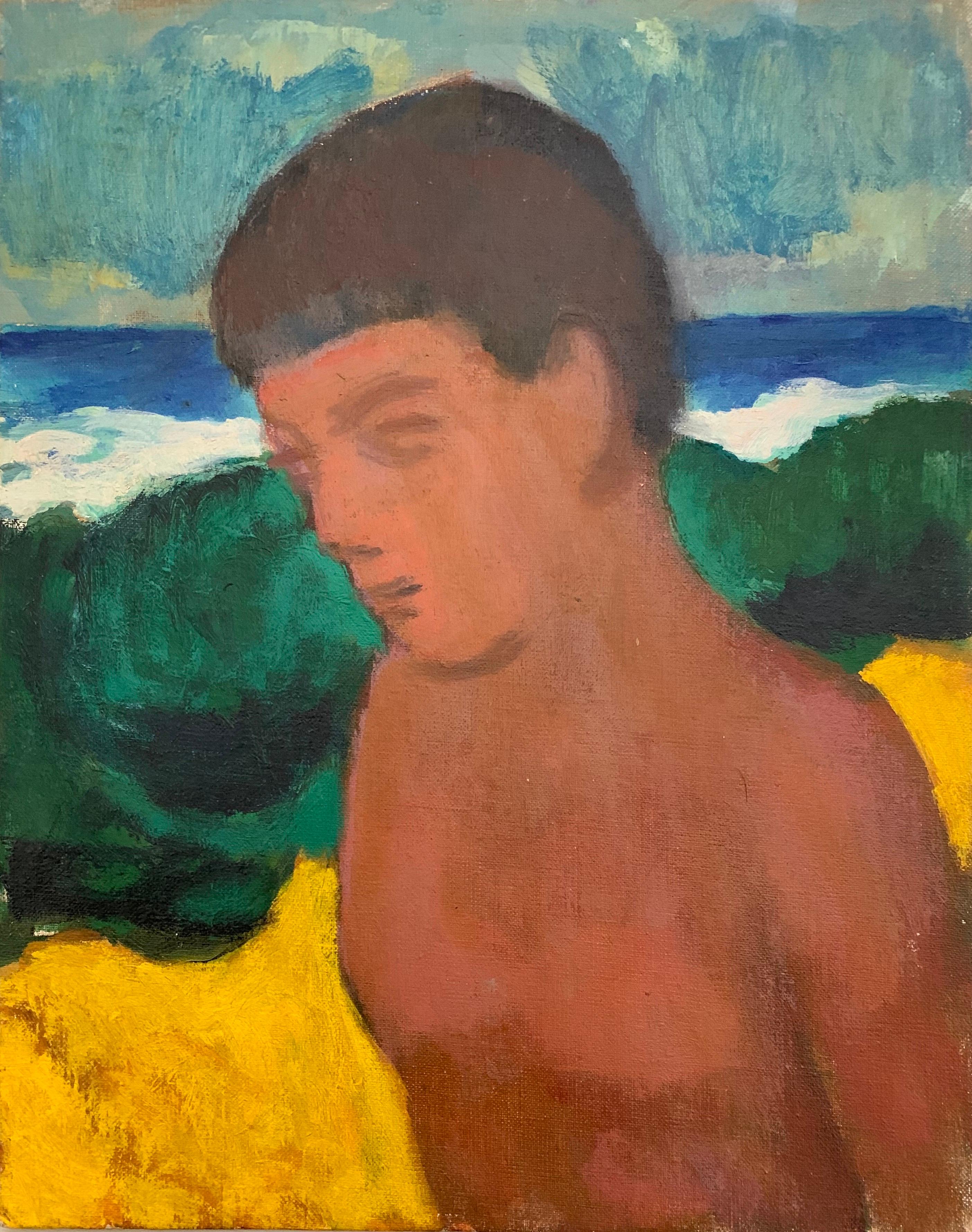 Akos Biro Portrait Painting - AKOS BIRO (HUNGARIAN 1911-2002) EXPRESSIONIST OIL - MALE PORTRAIT AT BEACH