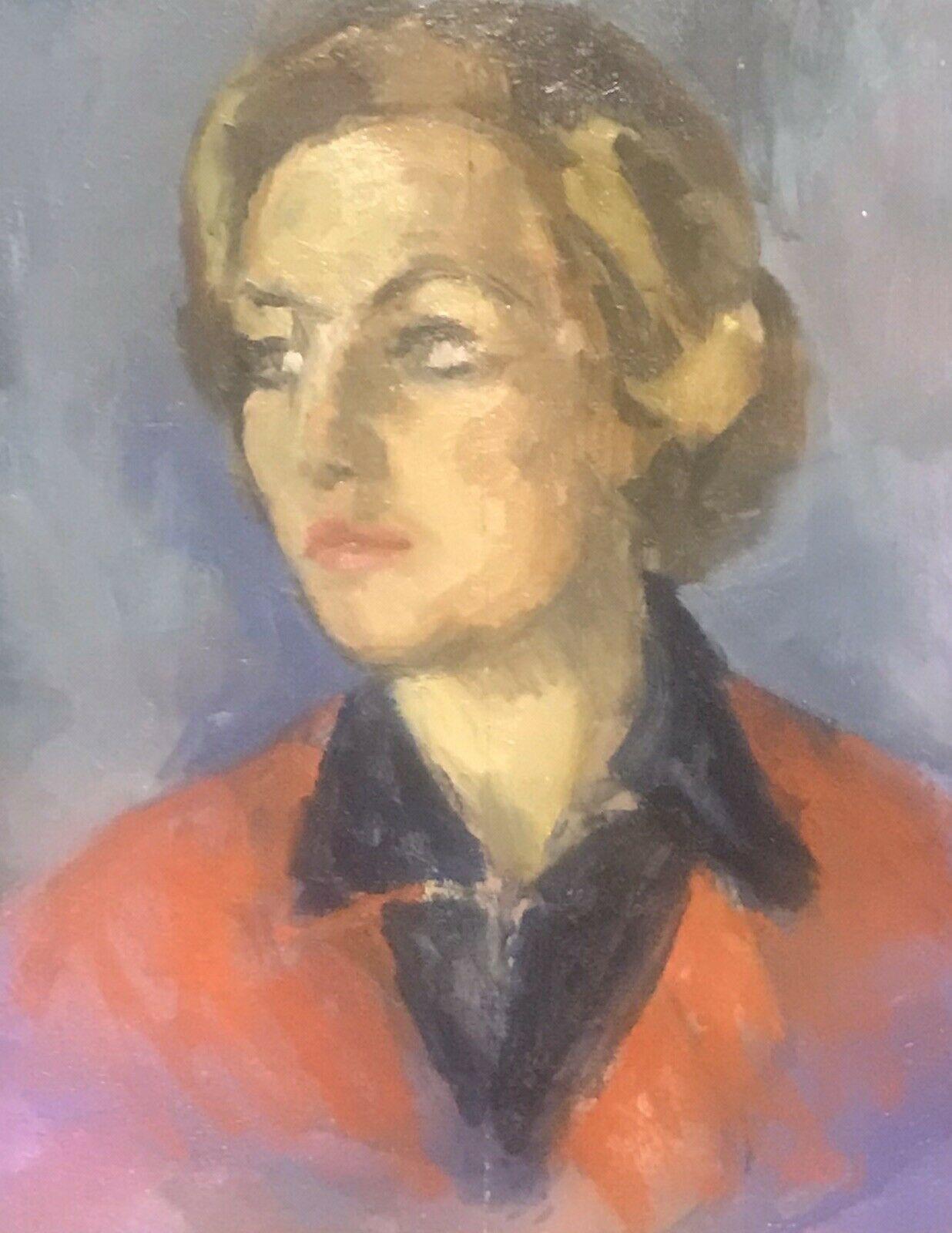 Landscape Painting di Akos Biro - AKOS BIRO (UNGHERESE 1911-2002) RITRATTO AD OLIO ESPRESSIONISTA DI DONNA IN ROSSO - FIRMATO
