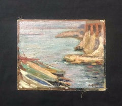 MID CENTURY FRENCH OIL - COASTAL ROCKS/BAY - MUTED SHADES OF COLOR