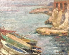 MID CENTURY FRENCH OIL - COASTAL ROCKS/BAY - MUTED SHADES OF COLOR