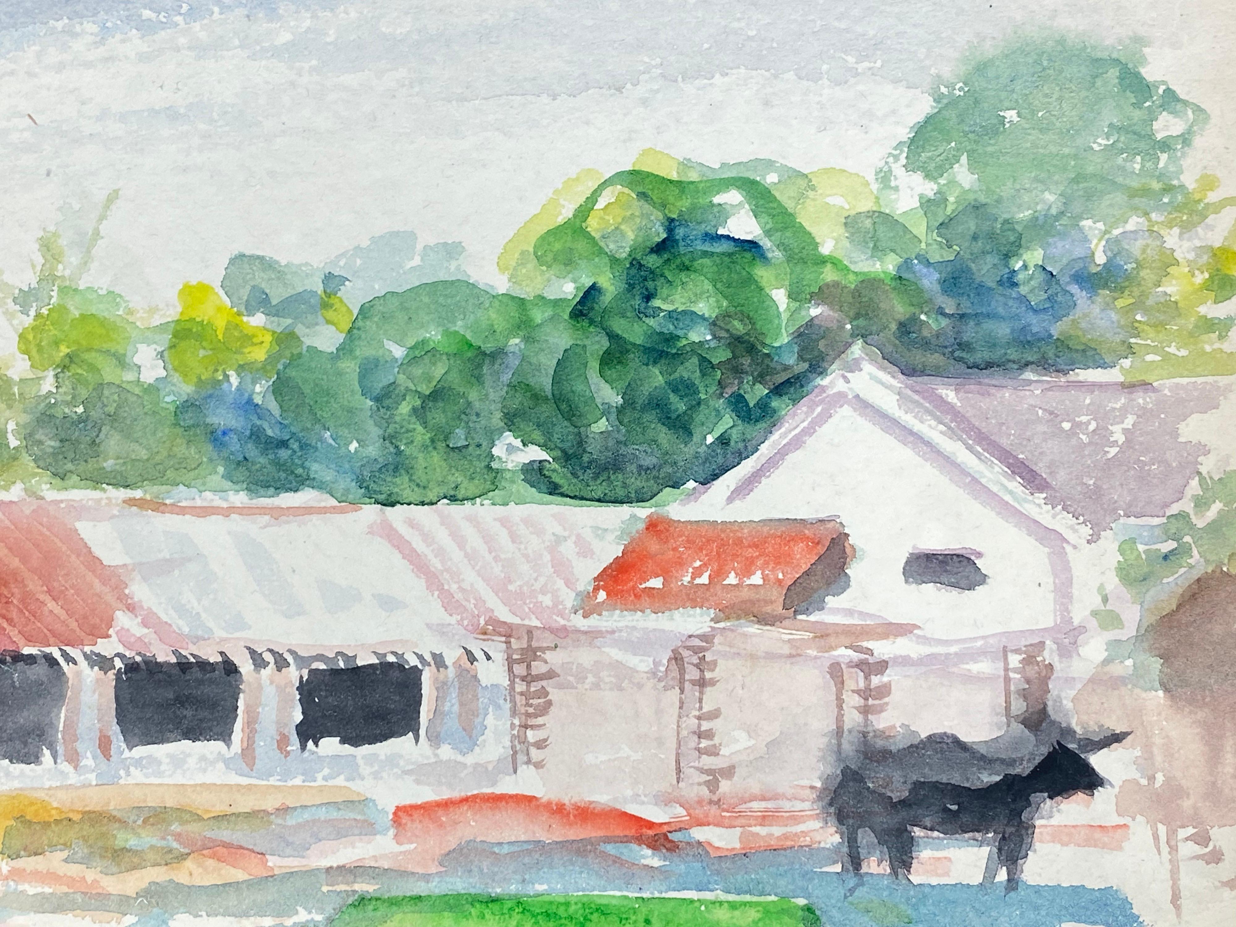 Farbenfrohes abstraktes, französisches expressionistisches Originalgemälde Bauernhäuser – Painting von Akos Biro