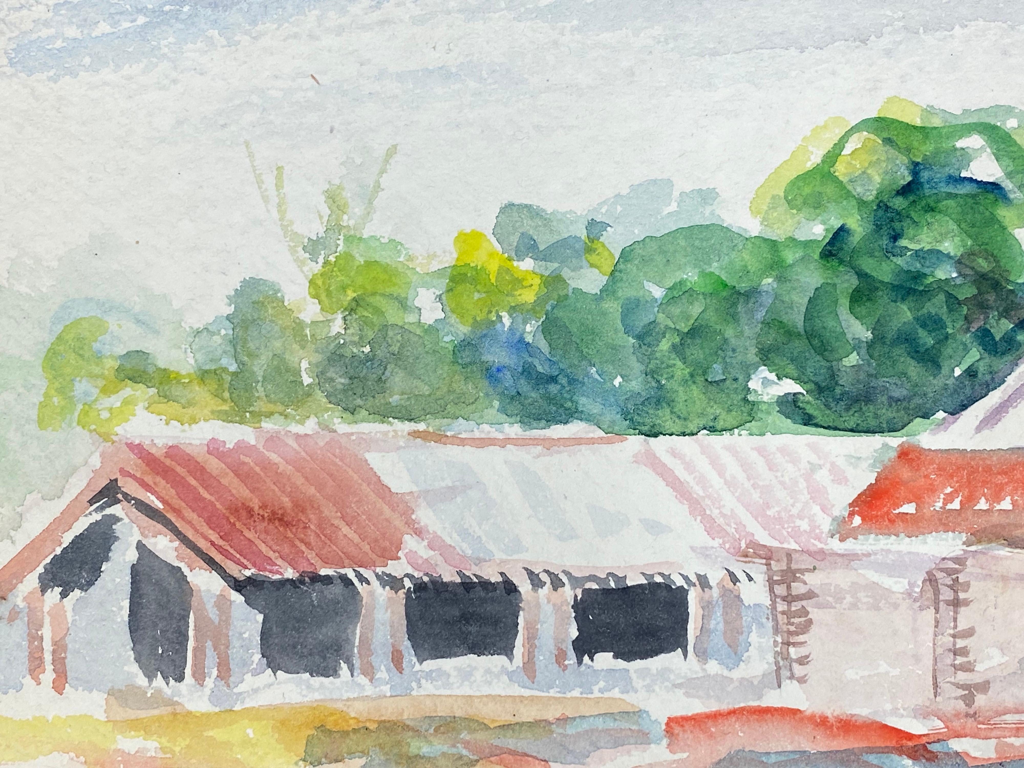 Farbenfrohes abstraktes, französisches expressionistisches Originalgemälde Bauernhäuser (Expressionismus), Painting, von Akos Biro