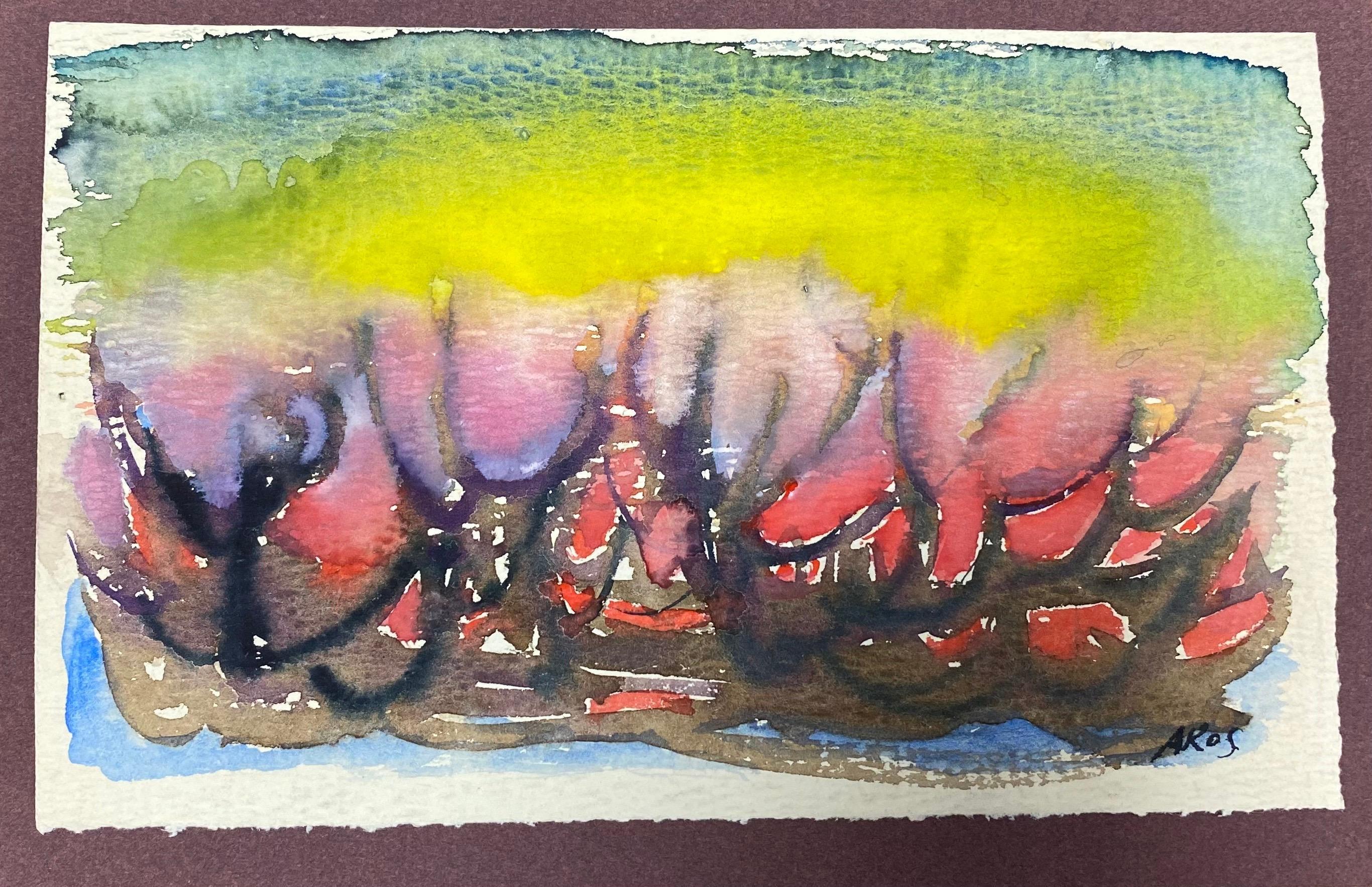 Buntes abstraktes, französisches expressionistisches Originalgemälde – Painting von Akos Biro