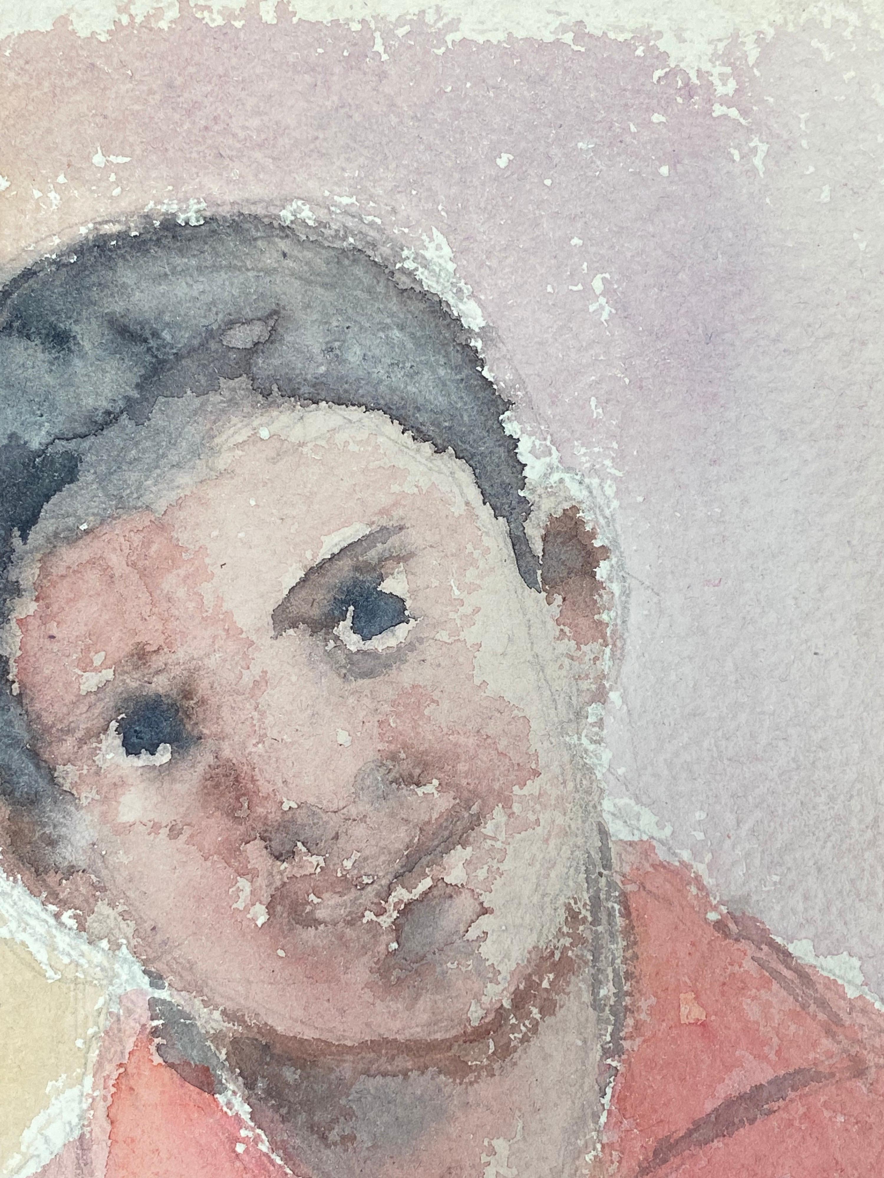 Buntes abstraktes Porträt, französisches expressionistisches Originalgemälde (Beige), Figurative Painting, von Akos Biro