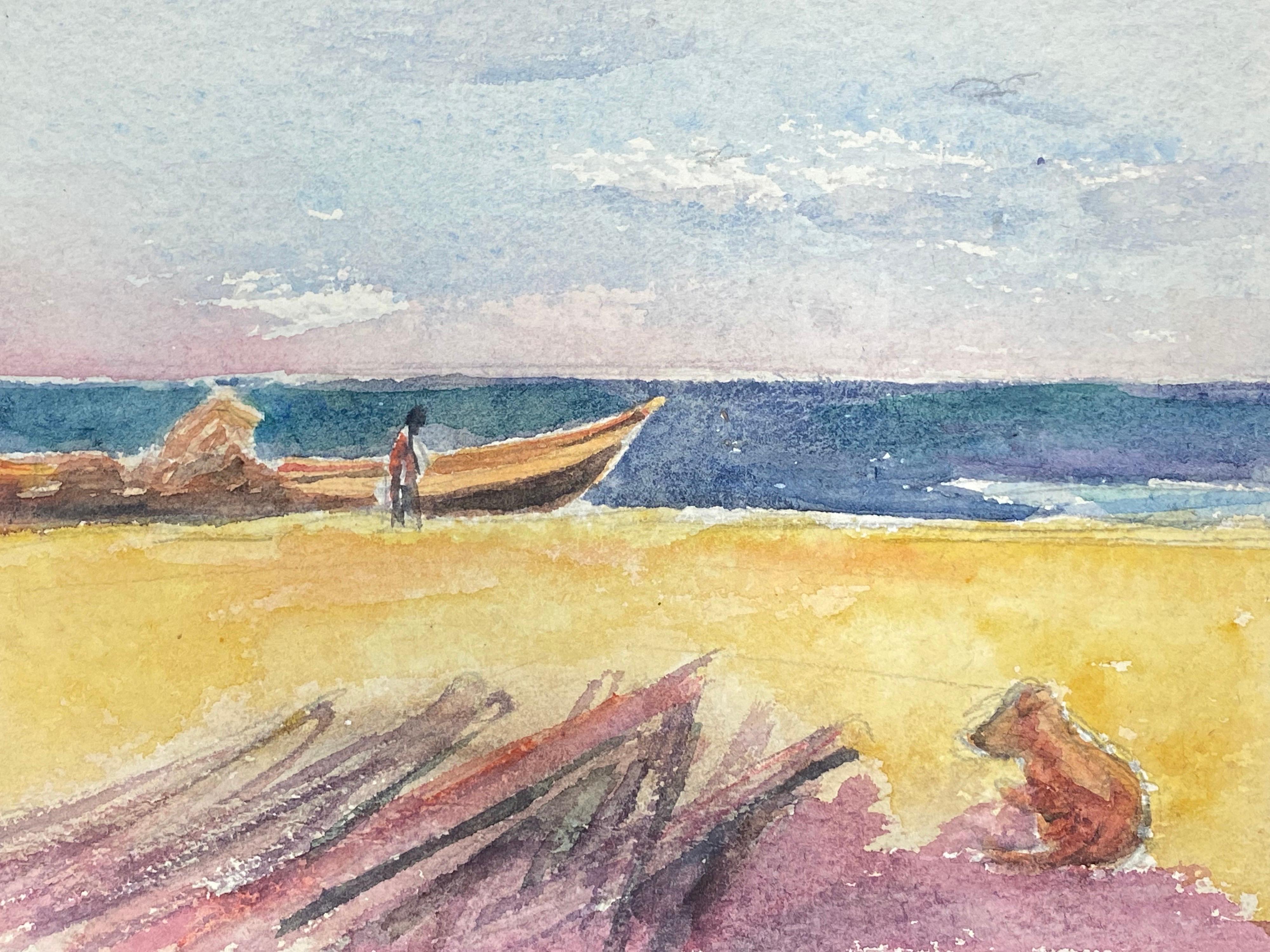 Figure on Sandy Beach Boat & Dog, French Expressionist Original Painting - Beige Landscape Painting by Akos Biro