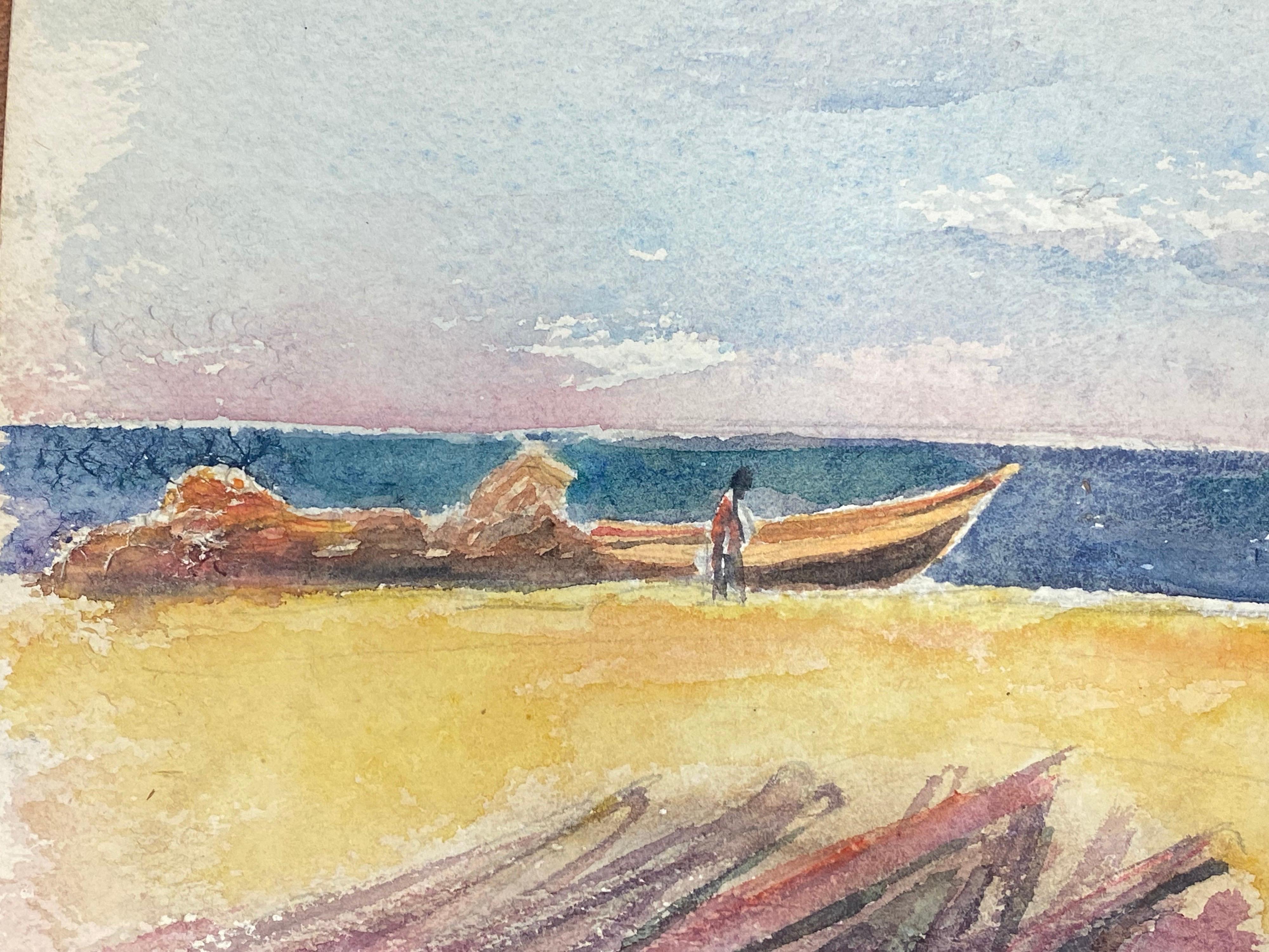 Figur auf Sandy Beach Boot & Hund, Französisches expressionistisches Originalgemälde (Expressionismus), Painting, von Akos Biro