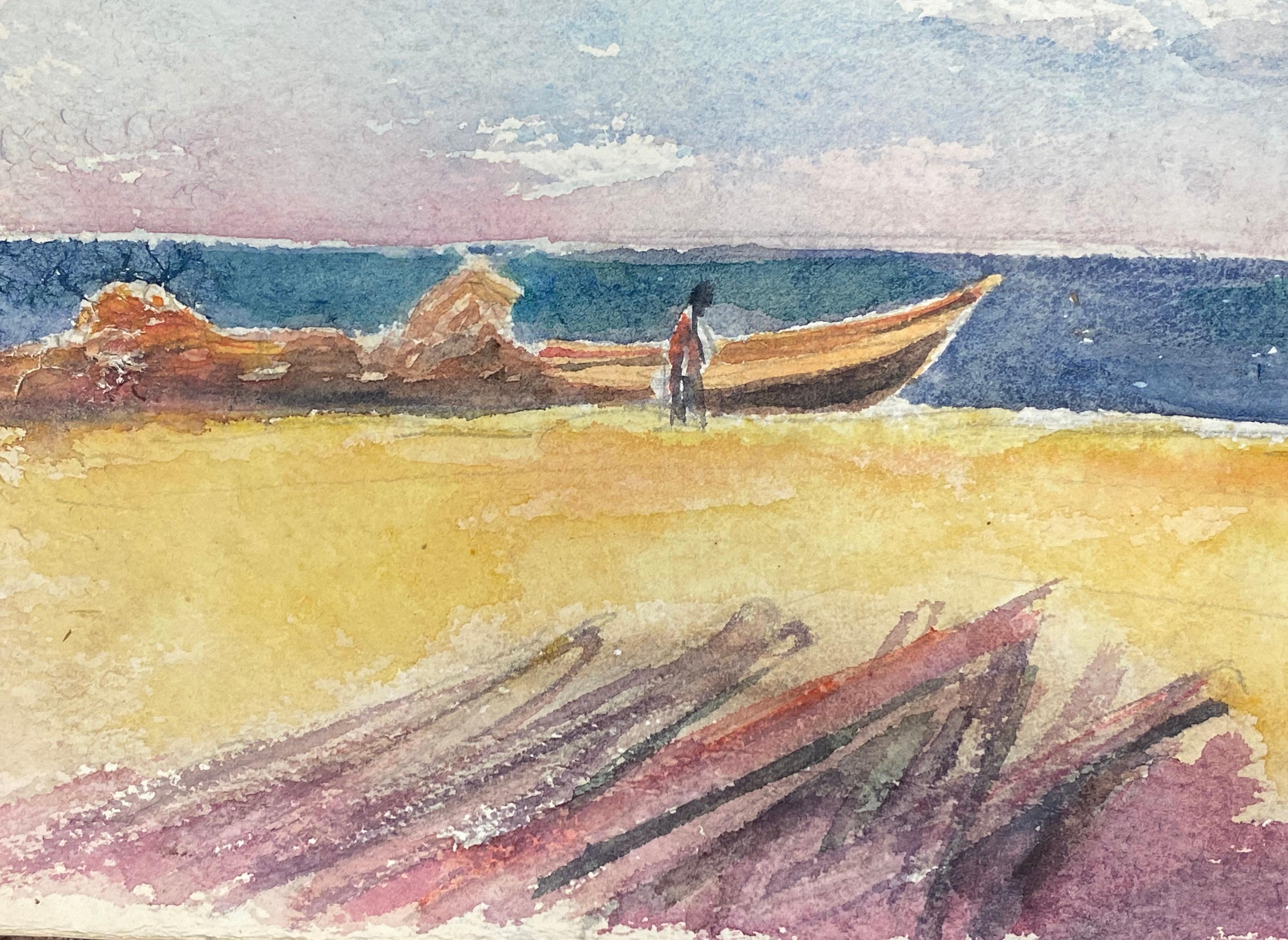 Figur auf Sandy Beach Boot & Hund, Französisches expressionistisches Originalgemälde (Beige), Landscape Painting, von Akos Biro