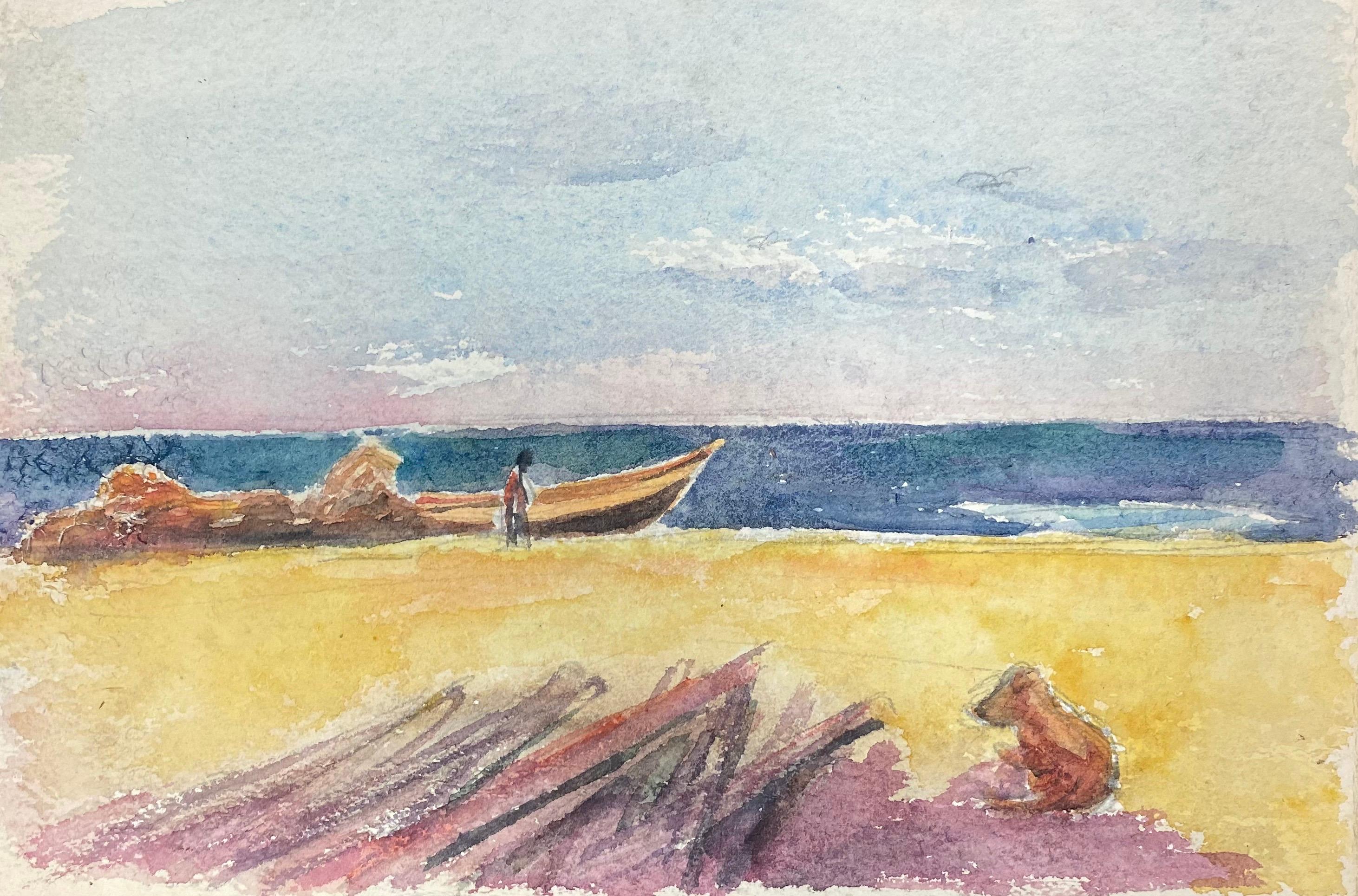Figure on Sandy Beach Boat & Dog, French Expressionist Original Painting