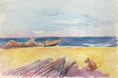 Retro Figure on Sandy Beach Boat & Dog, French Expressionist Original Painting