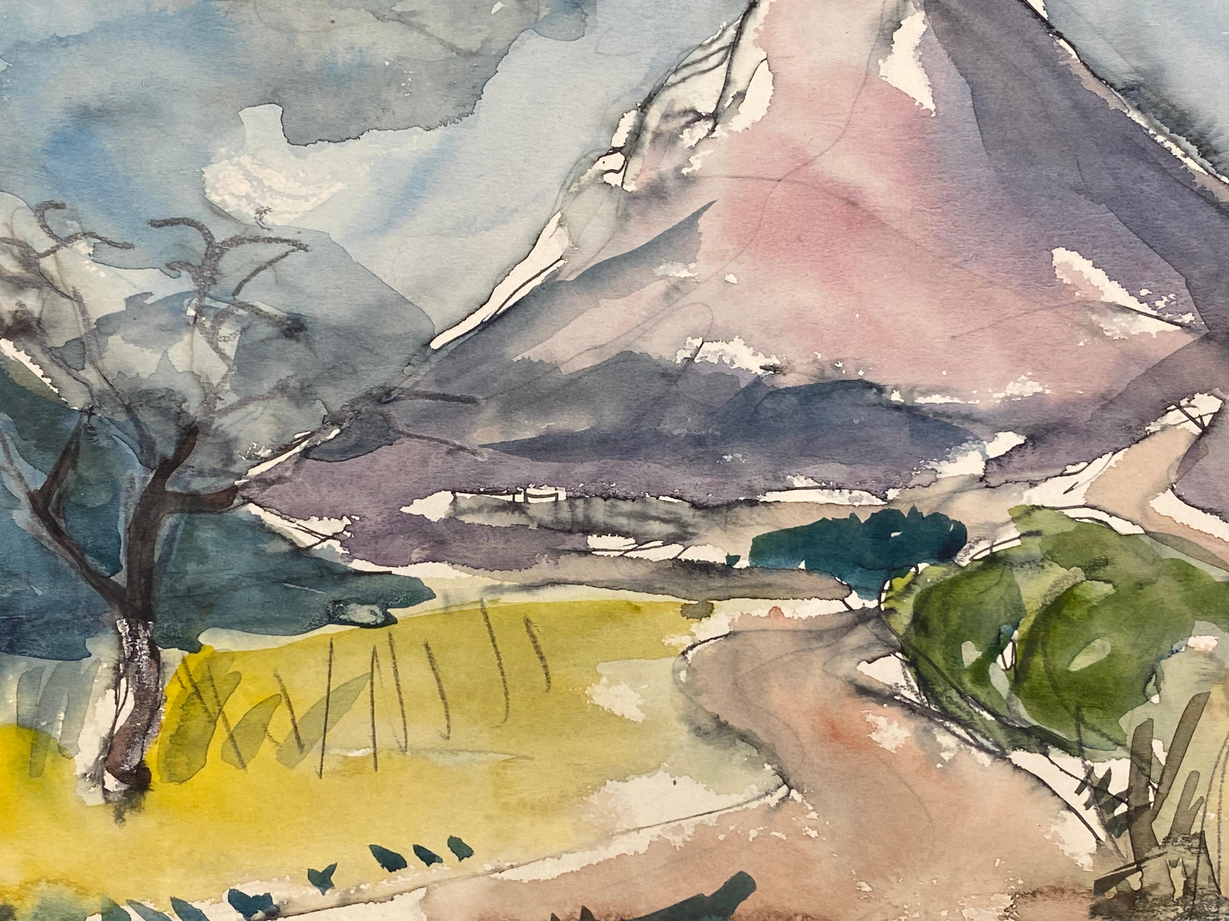 Peinture d'origine de l'expressionniste français Provence, paysage montagneux - Gris Landscape Painting par Akos Biro