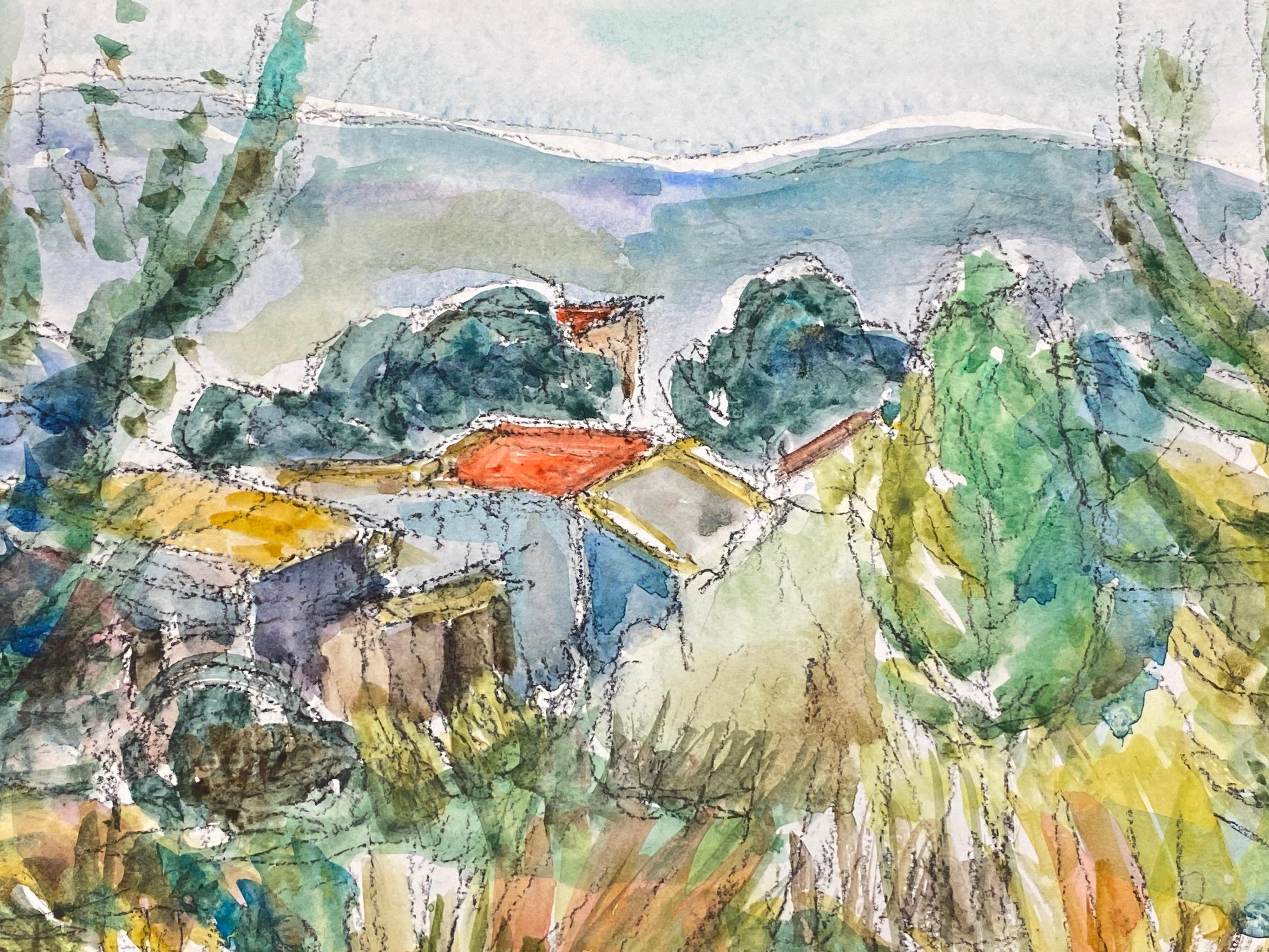 Französisches expressionistisches Originalgemälde, Französische Provence, Landschaft, Landlandschaft mit roten Roofs – Painting von Akos Biro