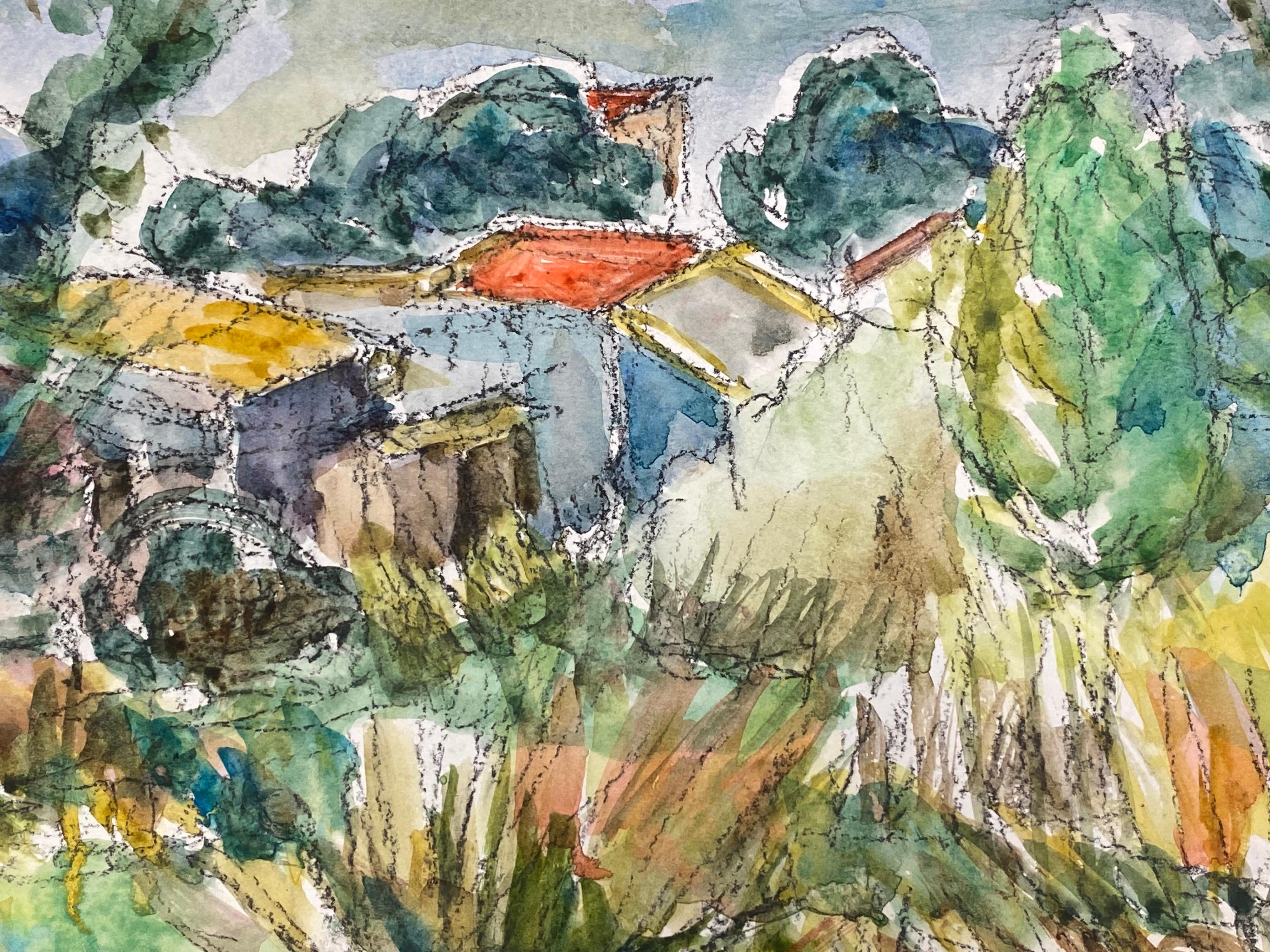 Französisches expressionistisches Originalgemälde, Französische Provence, Landschaft, Landlandschaft mit roten Roofs (Expressionismus), Painting, von Akos Biro