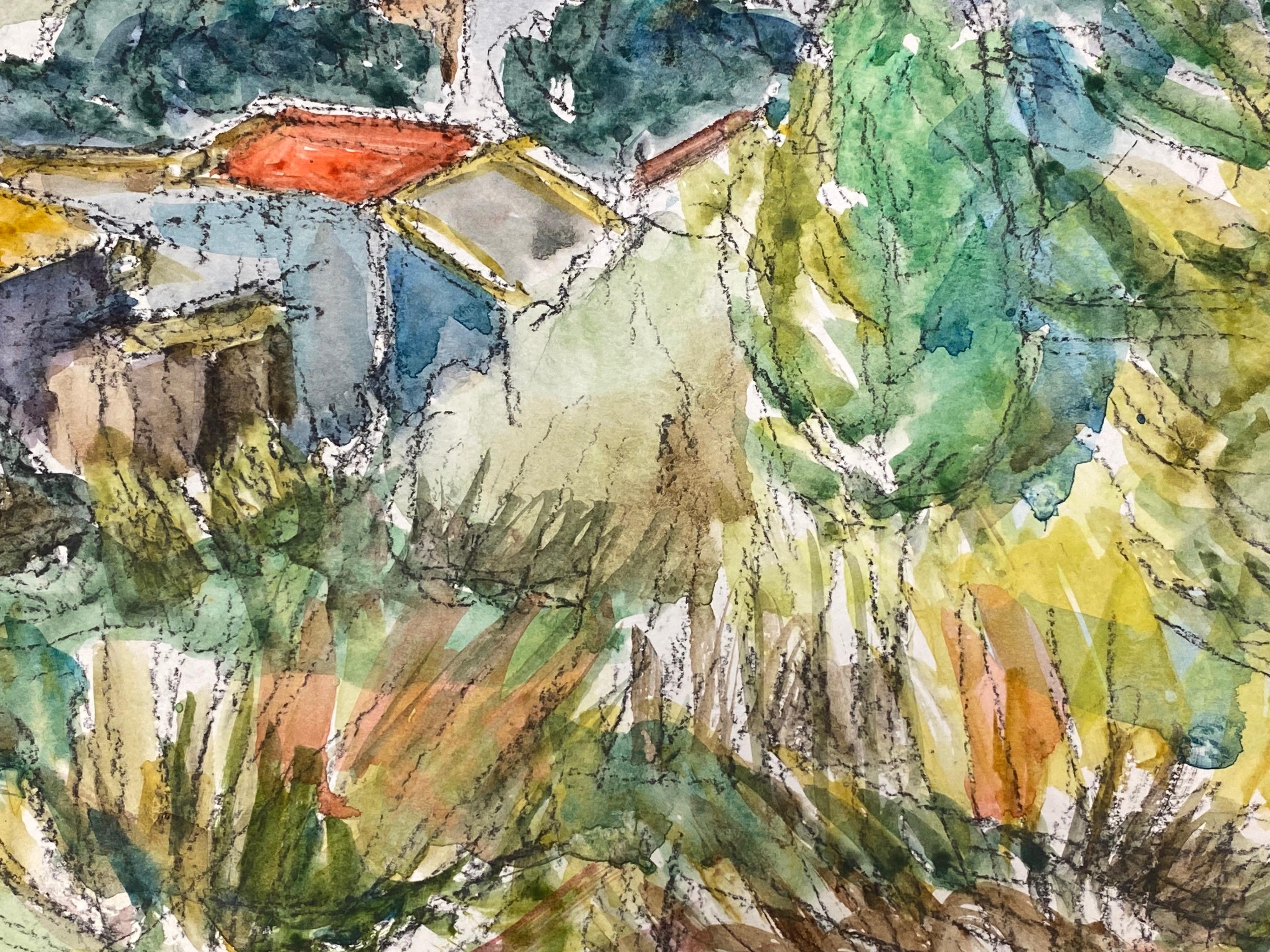 Französisches expressionistisches Originalgemälde, Französische Provence, Landschaft, Landlandschaft mit roten Roofs (Braun), Figurative Painting, von Akos Biro