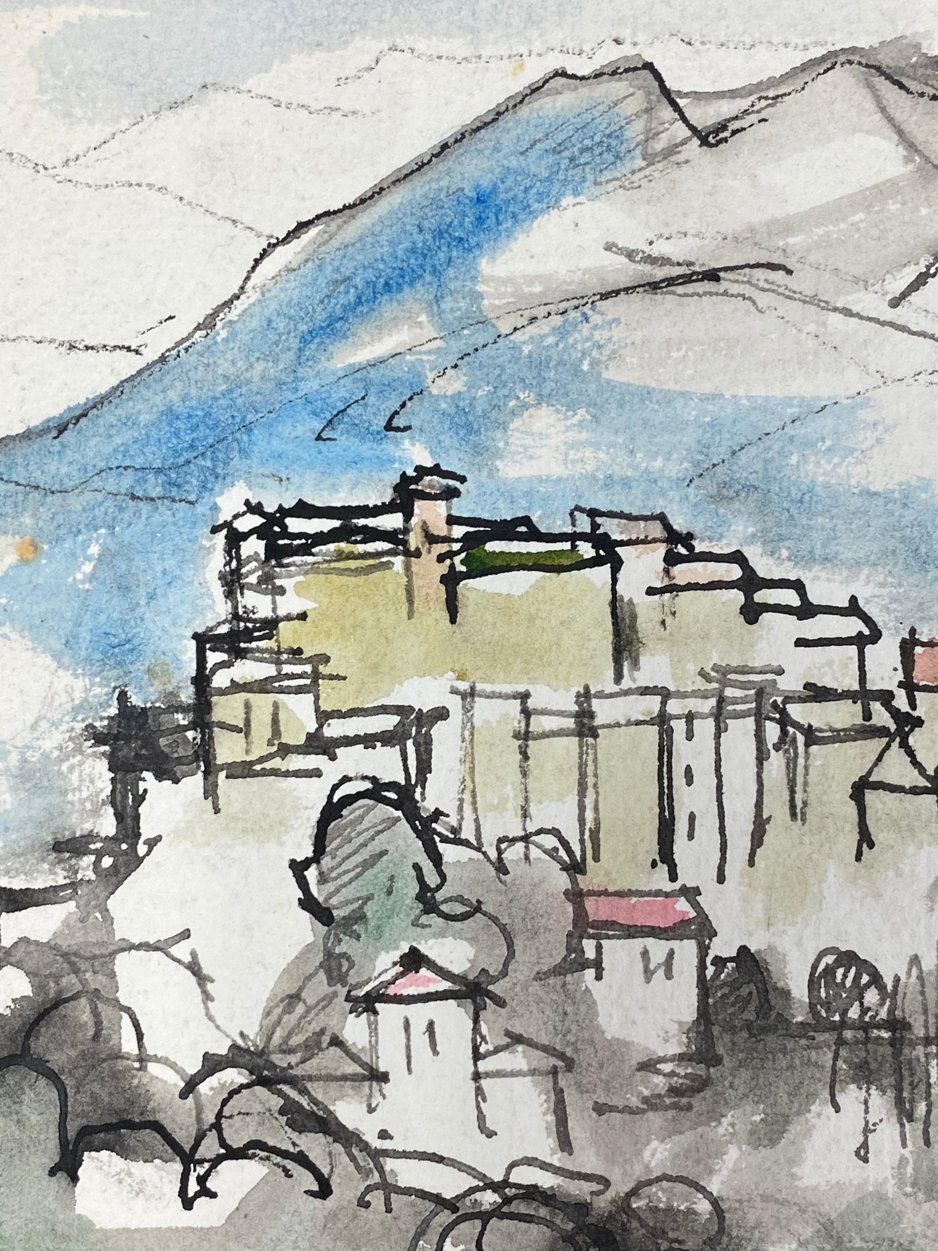 Village perché sur une colline de Provence, peinture d'origine de l'expressionniste français - Expressionniste Painting par Akos Biro