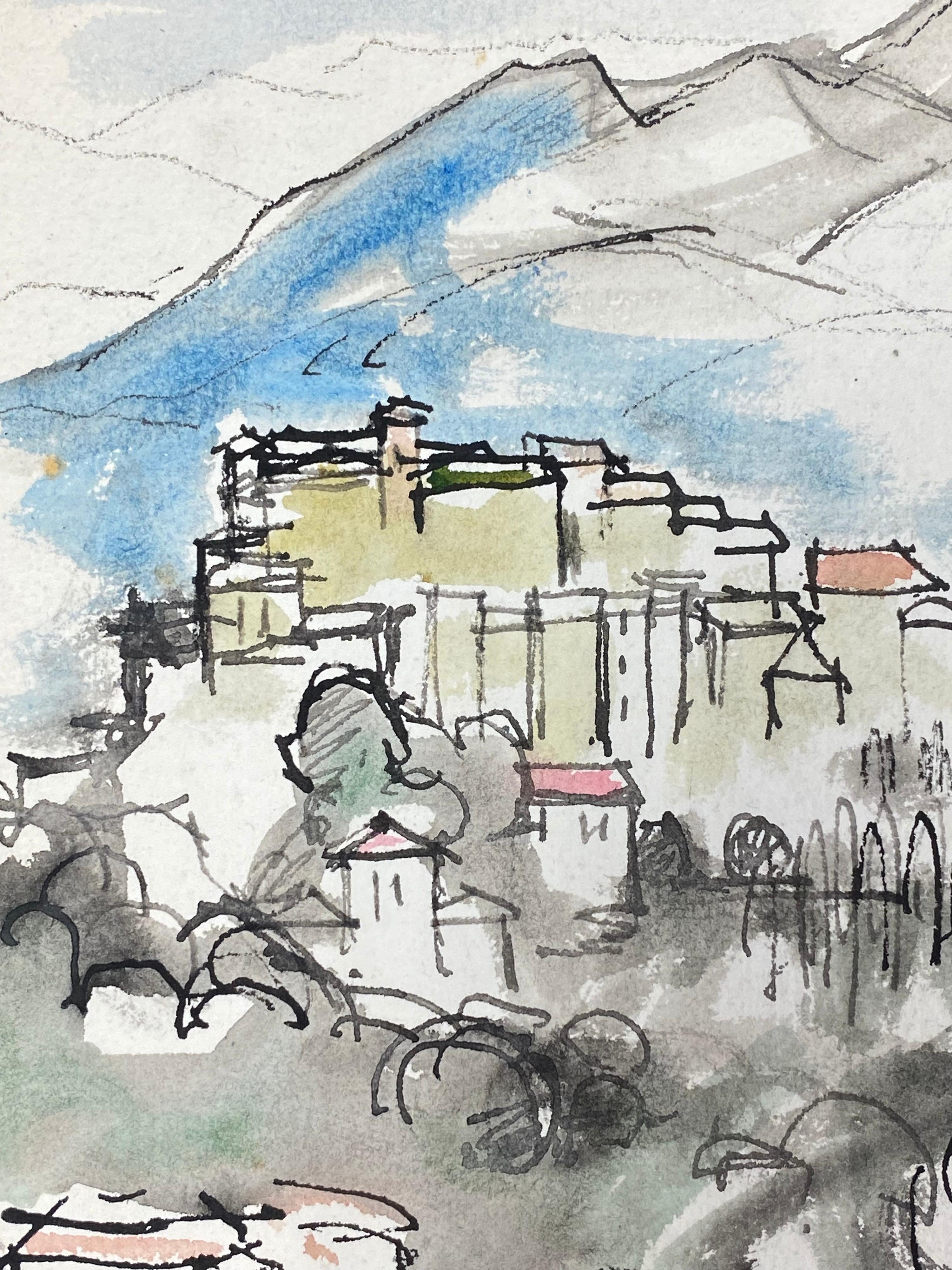Village perché sur une colline de Provence, peinture d'origine de l'expressionniste français - Gris Figurative Painting par Akos Biro
