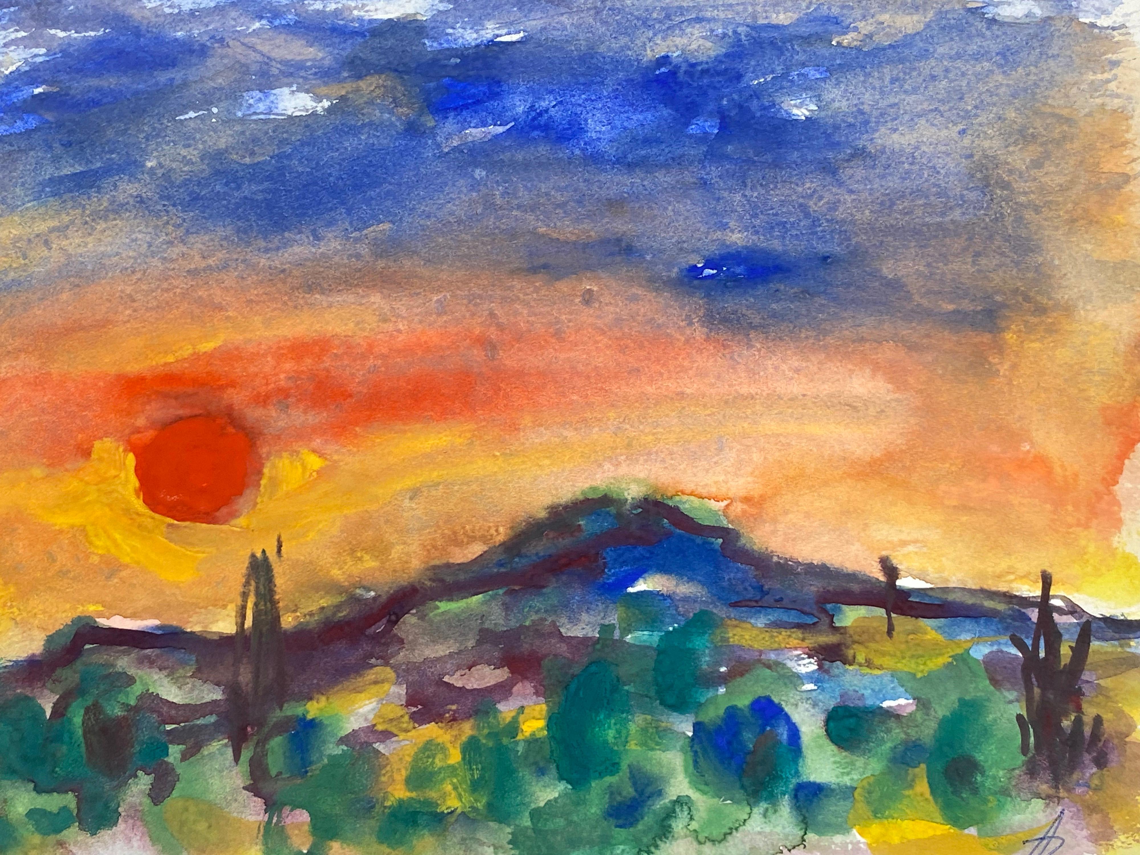 Peinture d'origine de l'expressionniste français Provence coucher de soleil - Painting de Akos Biro