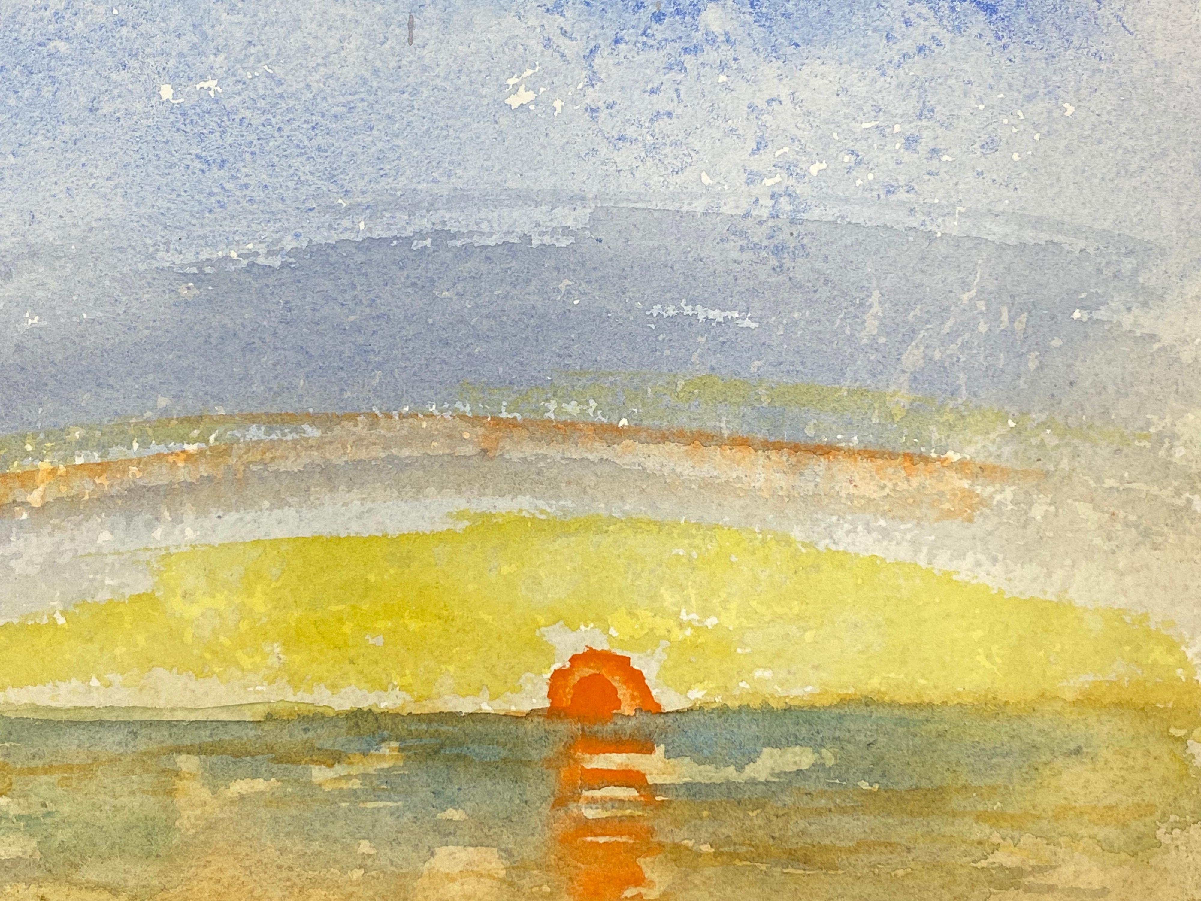 Un coucher de soleil au-dessus de la mer, peinture d'origine de l'expressionniste français - Beige Landscape Painting par Akos Biro
