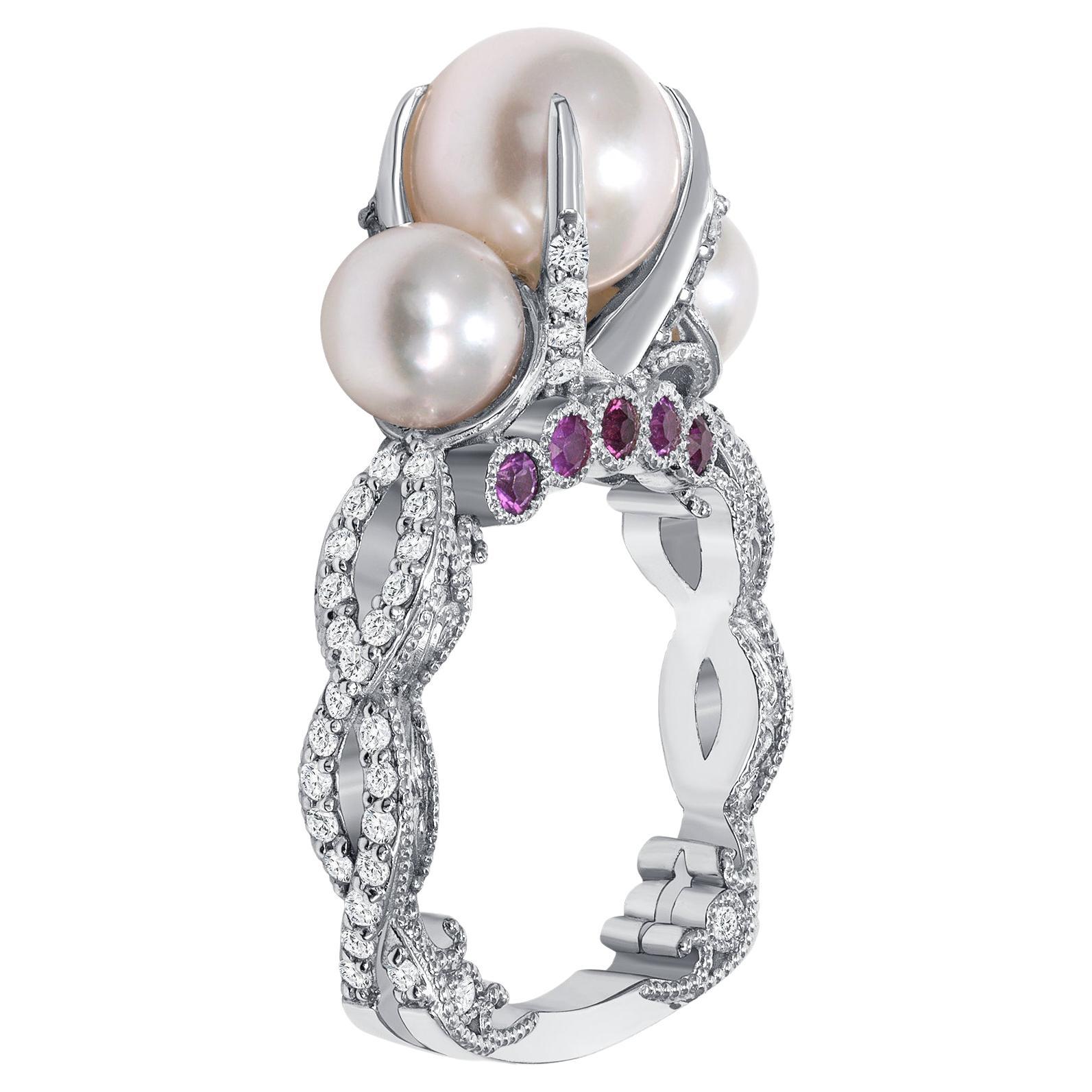 Akoya 9 Millimeter Pearl, Diamond, Pink Sapphire, and White Gold Cocktail Ring For Sale