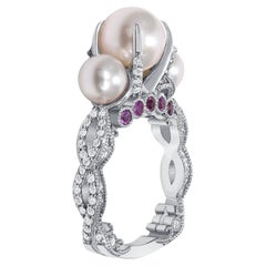 Akoya Bague cocktail en or blanc avec perles de 9 mm, diamants et saphirs roses