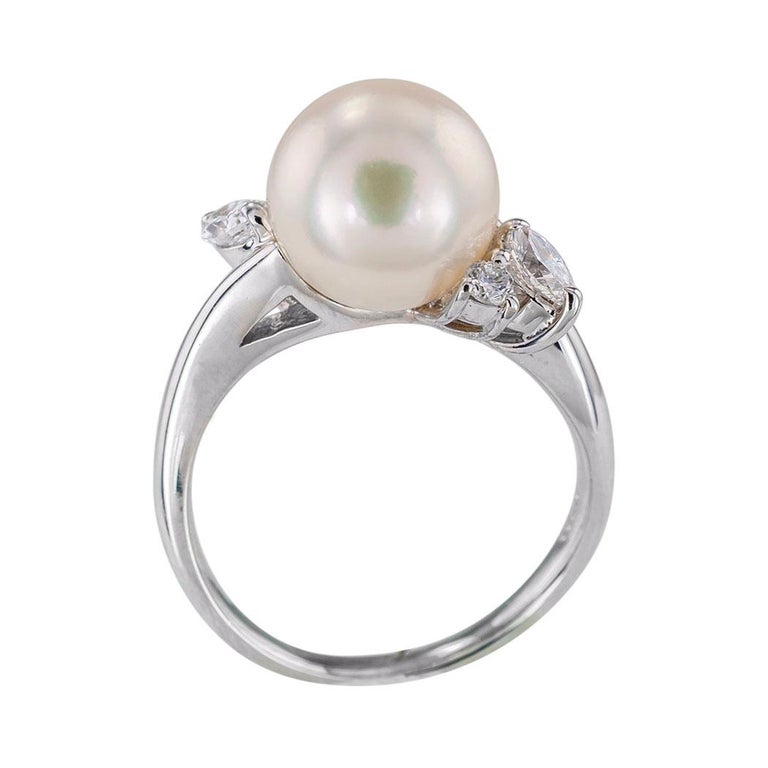 Contemporary Akoya Cultured Pearl Diamond Platinum Ring For Sale