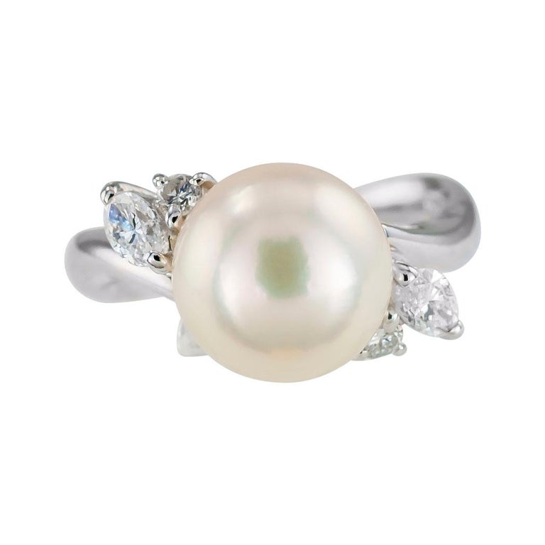 Marquise Cut Akoya Cultured Pearl Diamond Platinum Ring For Sale