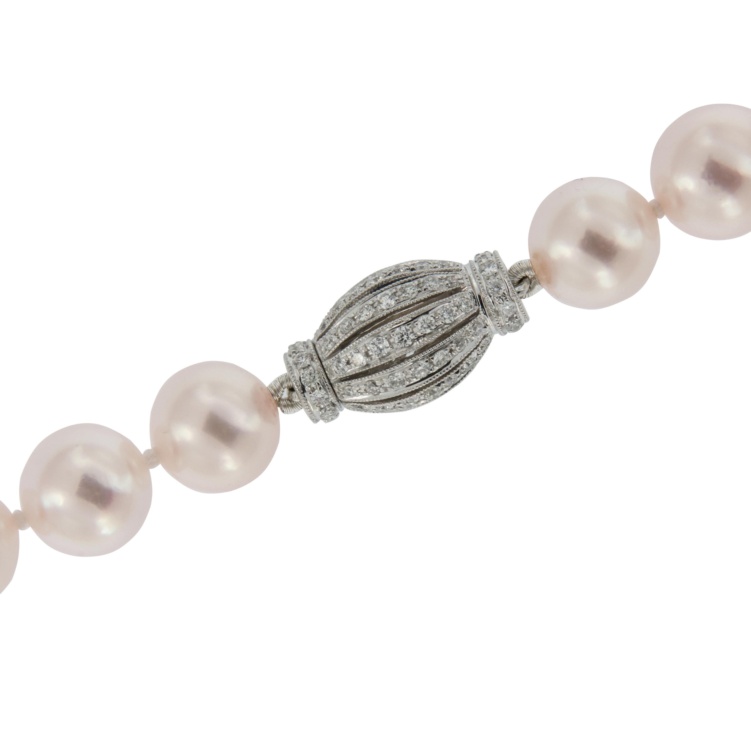 Round Cut Akoya AA Cultured Pearl 18 Karat Gold and Diamond Necklace For Sale