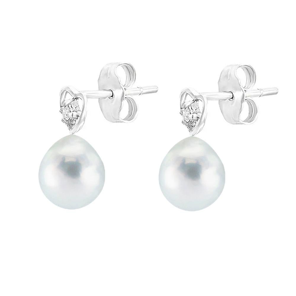 Japanese Akoya Natural Blue Baroque 7.5-8mm Pearl and 0.04 Total Carats Diamond Earrings in 14K White Gold. These stunning earrings of perfect for any occasion!

