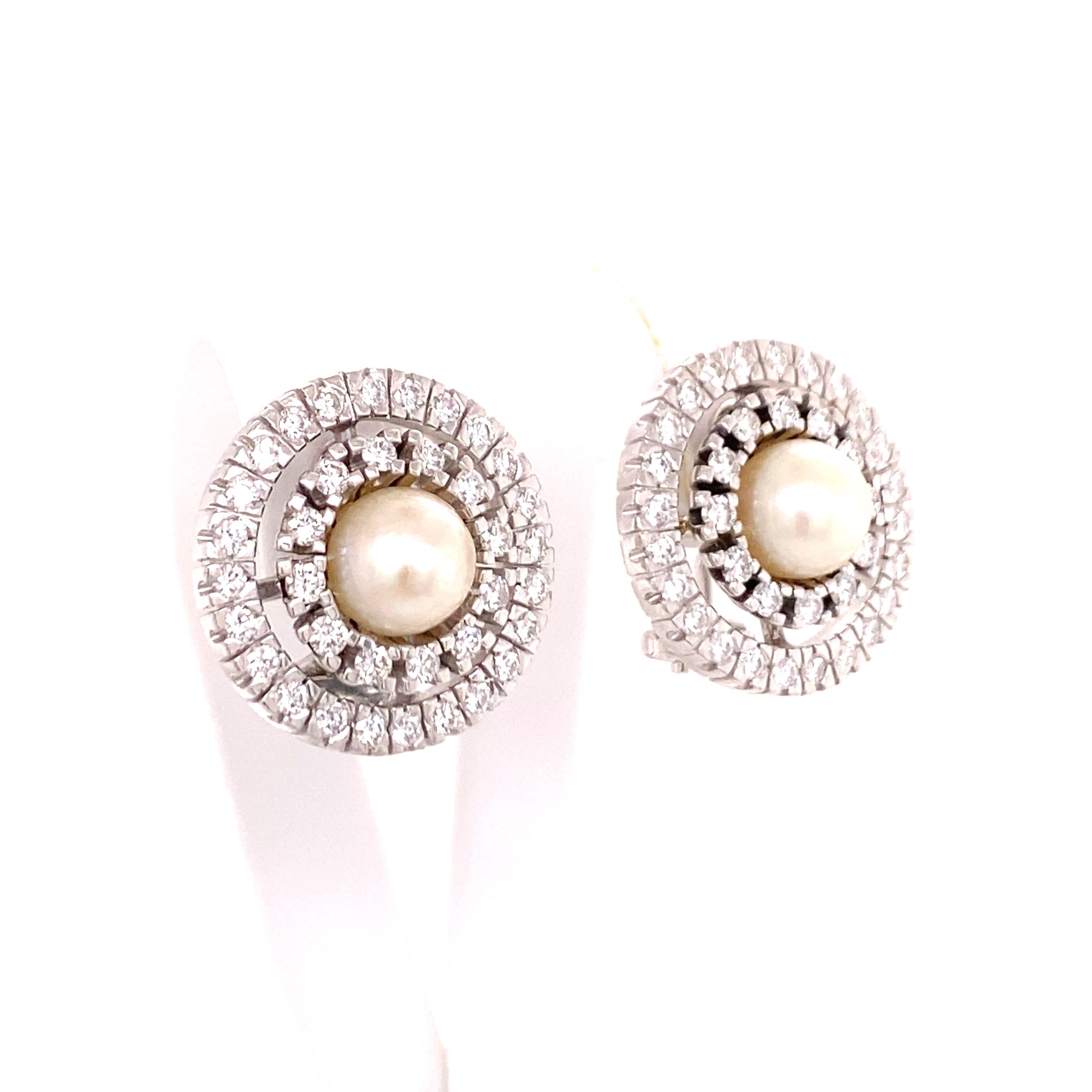 Contemporary Akoya Cultured Pearl and Diamond Earclips in 18 Karat White Gold