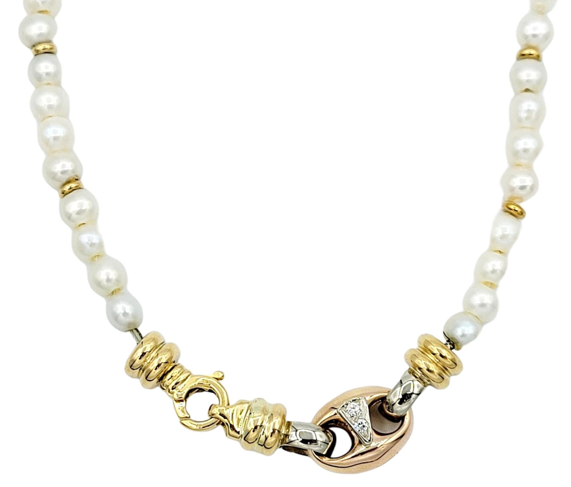 This exquisite Akoya cultured pearl and gold disc station necklace is crafted in 18-karat yellow and rose gold. This elegant piece features a unique design with 80 lustrous pearls bead-set and embellished with round gold discs, adding a touch of