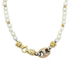 Akoya Cultured Pearl and Gold Disc Bead Station Necklace in Yellow and Rose Gold