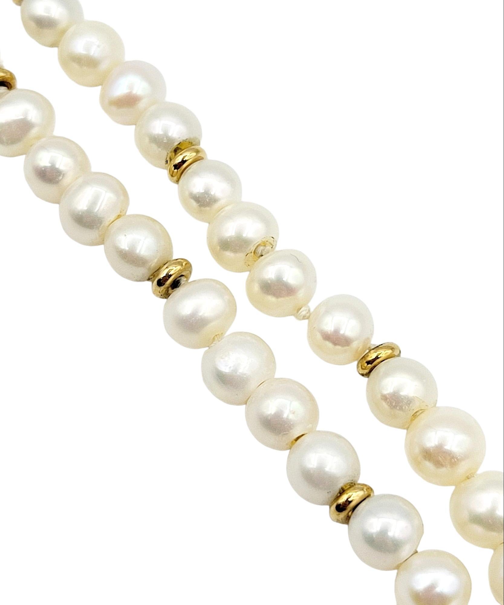 Contemporary Akoya Cultured Pearl and Gold Disc Bead Station Necklace in Yellow and Rose Gold For Sale